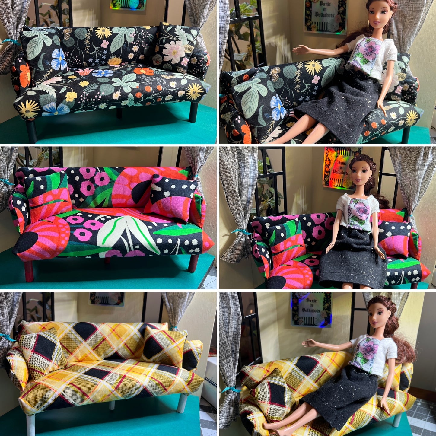 Barbie doll couches, 1:6 scale, in a photo grid with Barbie modeling in each picture to the right.