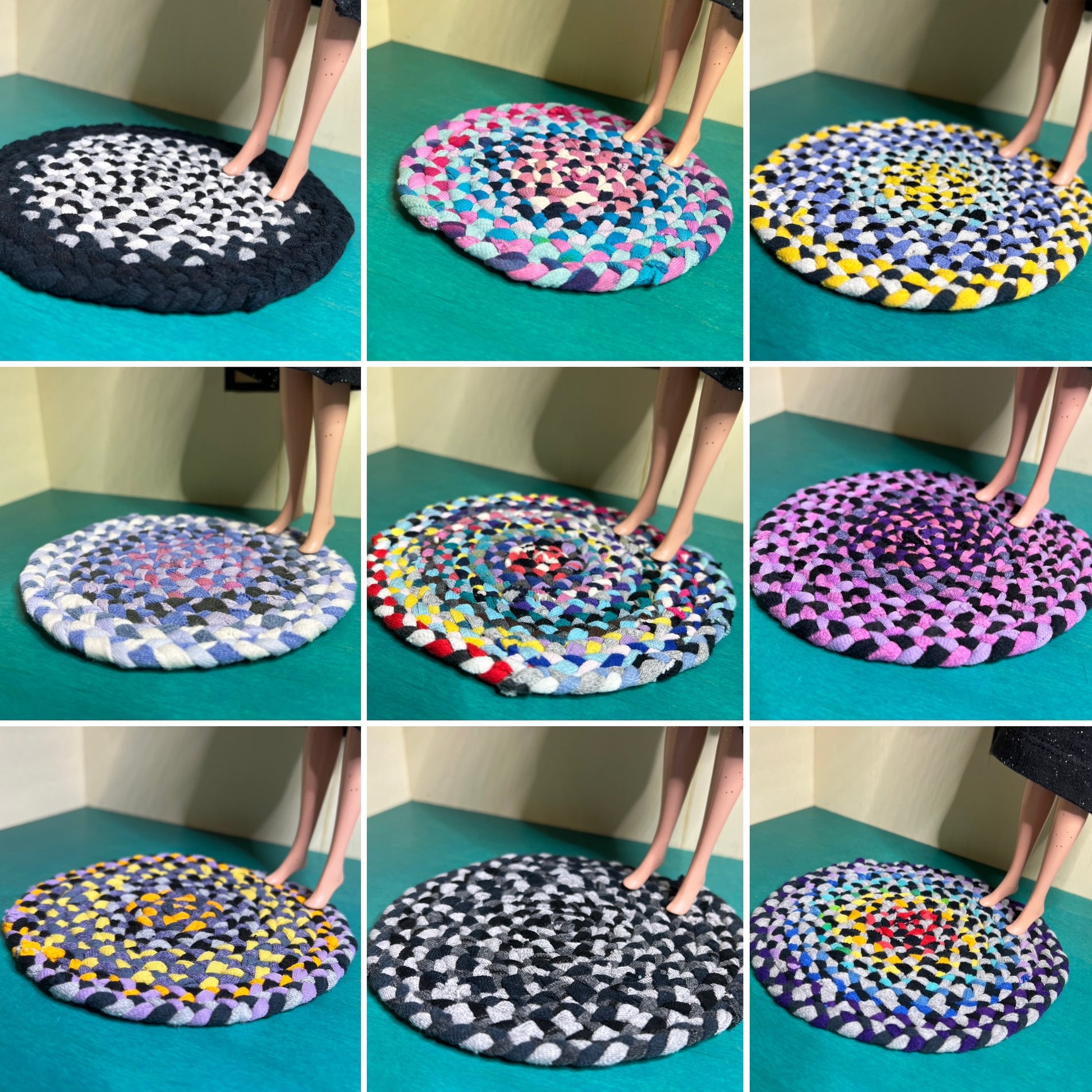grid view of various 5" round miniature rugs, Barbie legs for scale