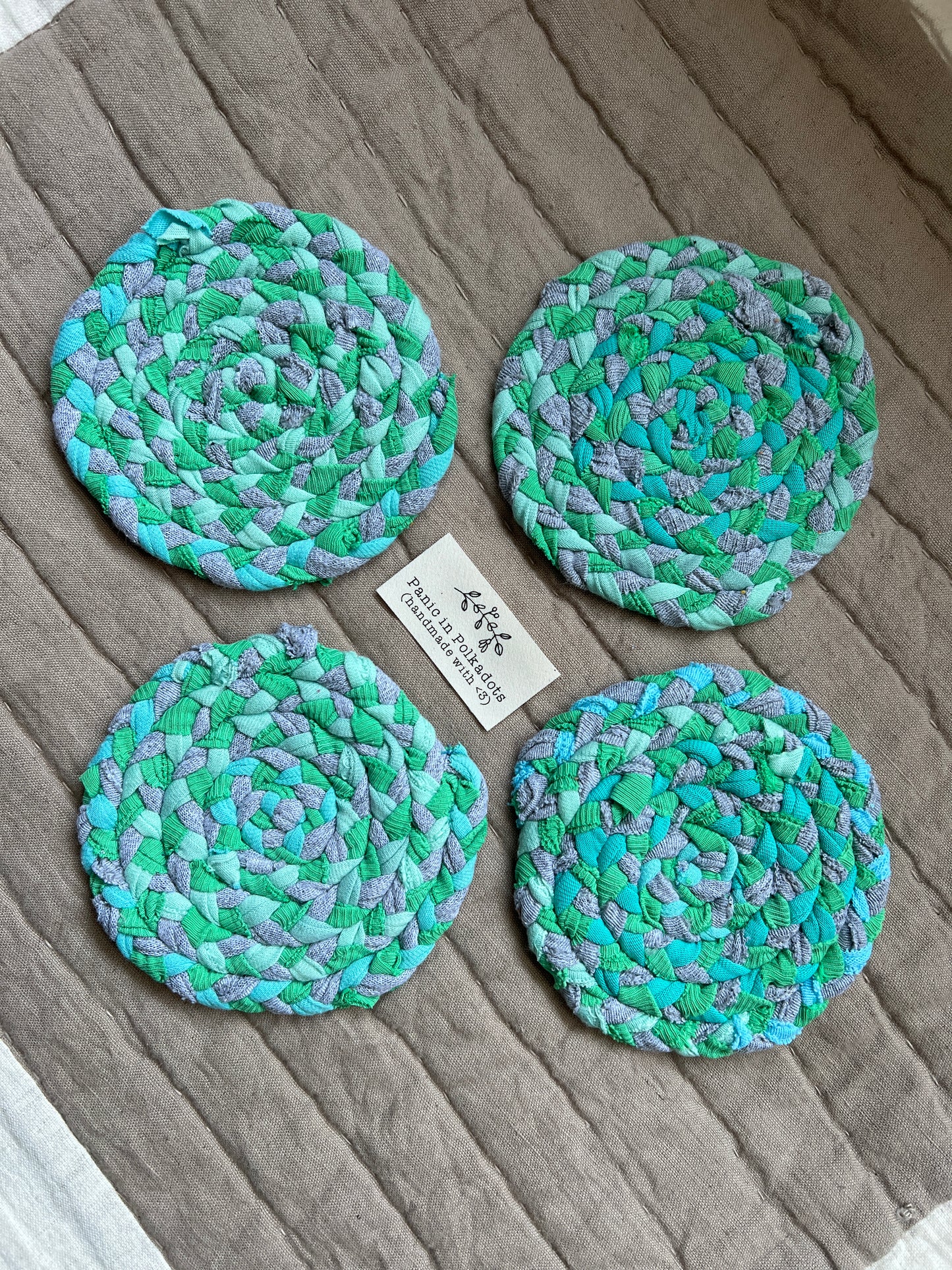 Coasters - Handbraided & Handsewn -  Washable Reusable - Set of Four