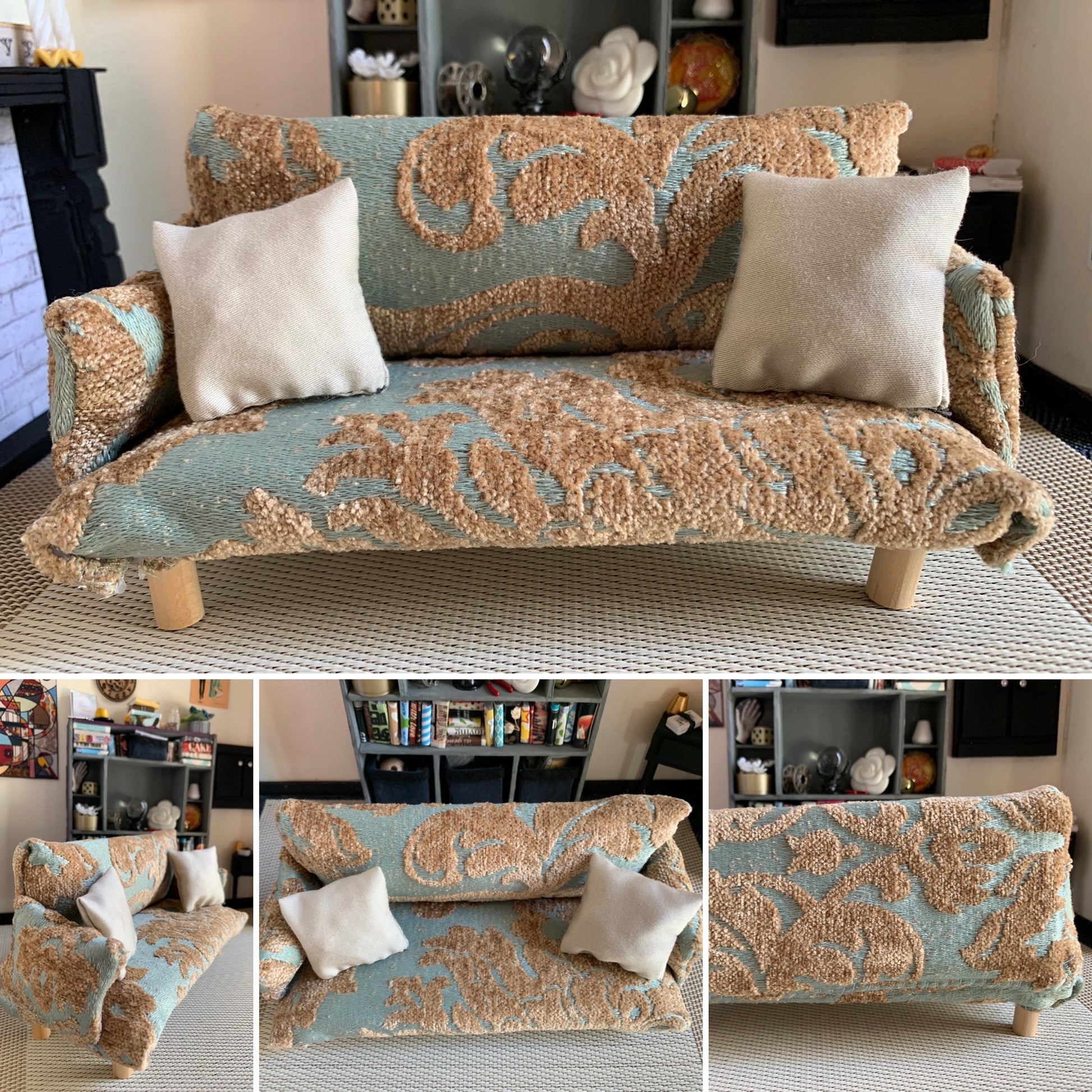 a miniature dollhouse couch, top picture is front view, bottom three photos show side, back, and aerial view details