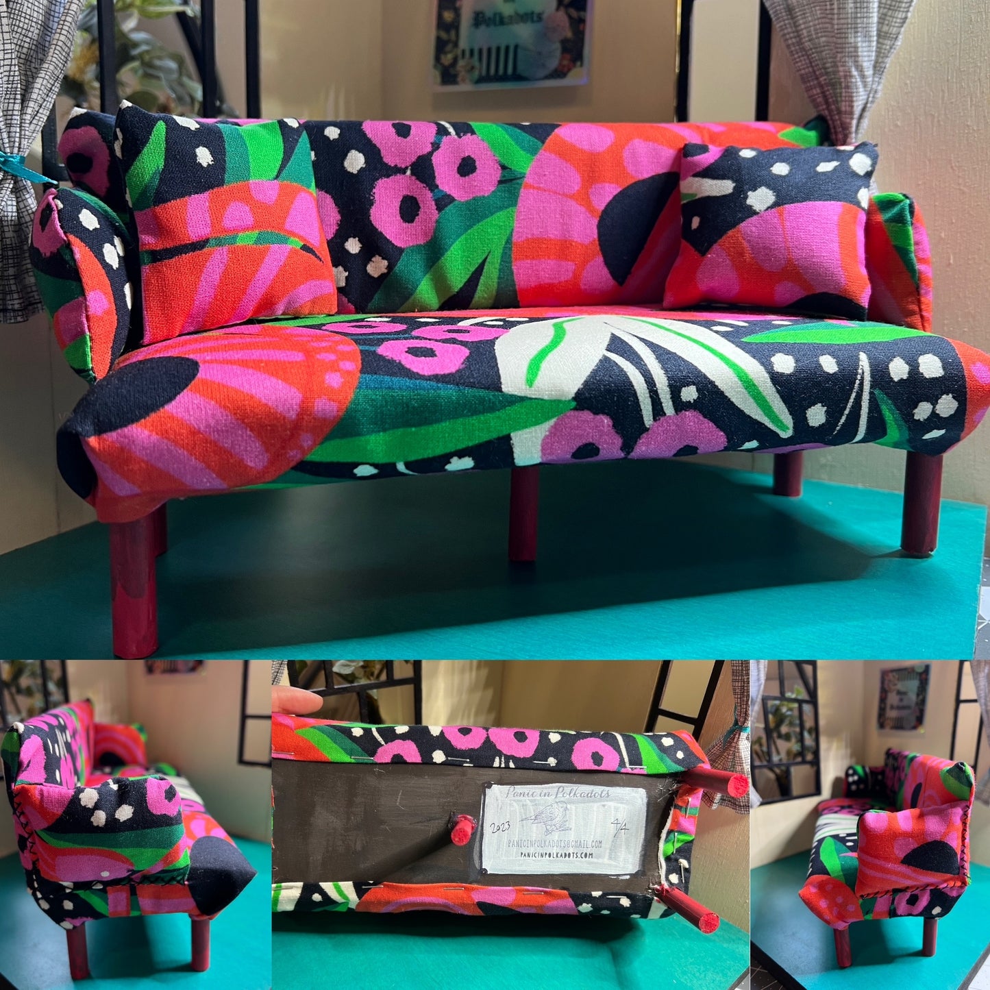 Photo grid of Barbie couch, to show all sides.