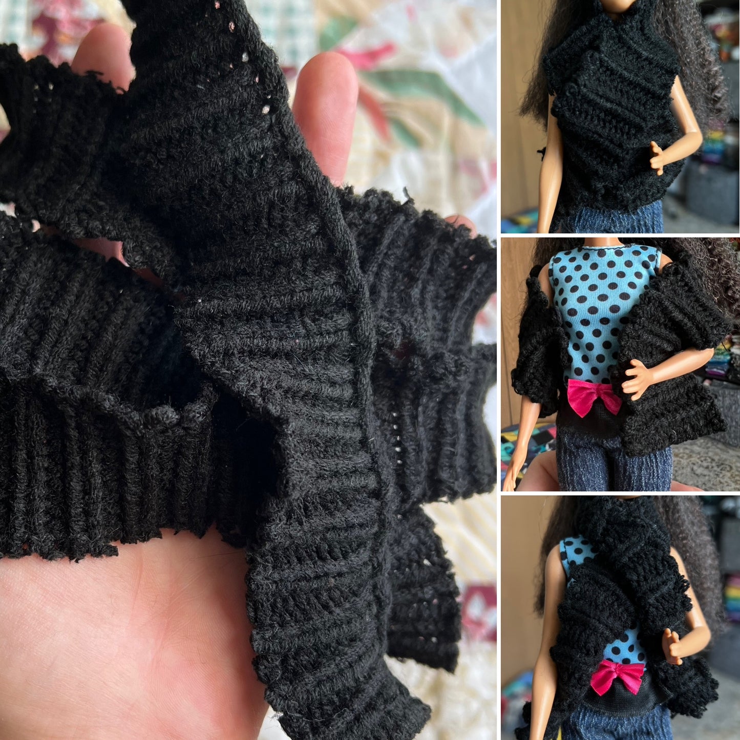 Black crocheted scarf with textured pattern held by a hand, displayed on a doll.