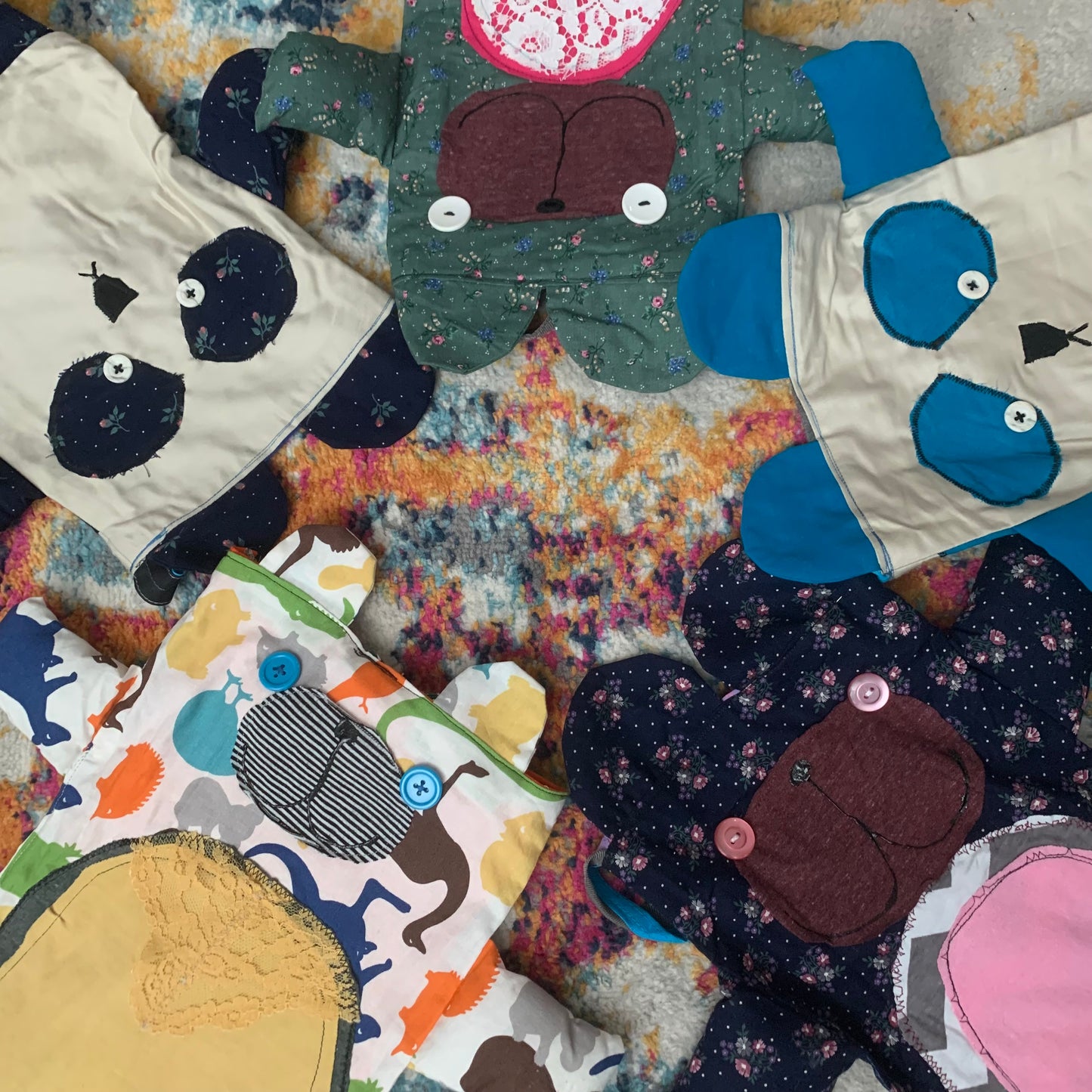 closeup on circle group of animal friend tote bags on colorful background
