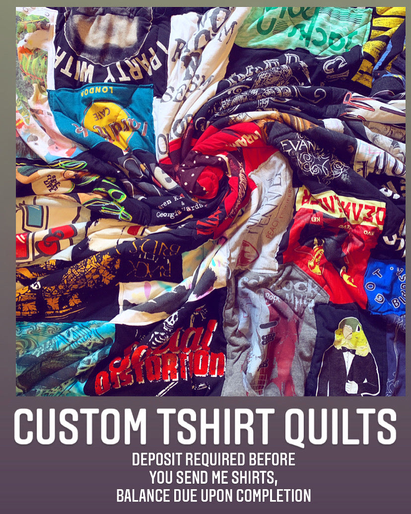 a tshirt quilt on display with a quilt twist, below image are words "custom tshirt quilts, deposit required before you send me shirts, balance due upon completion"
