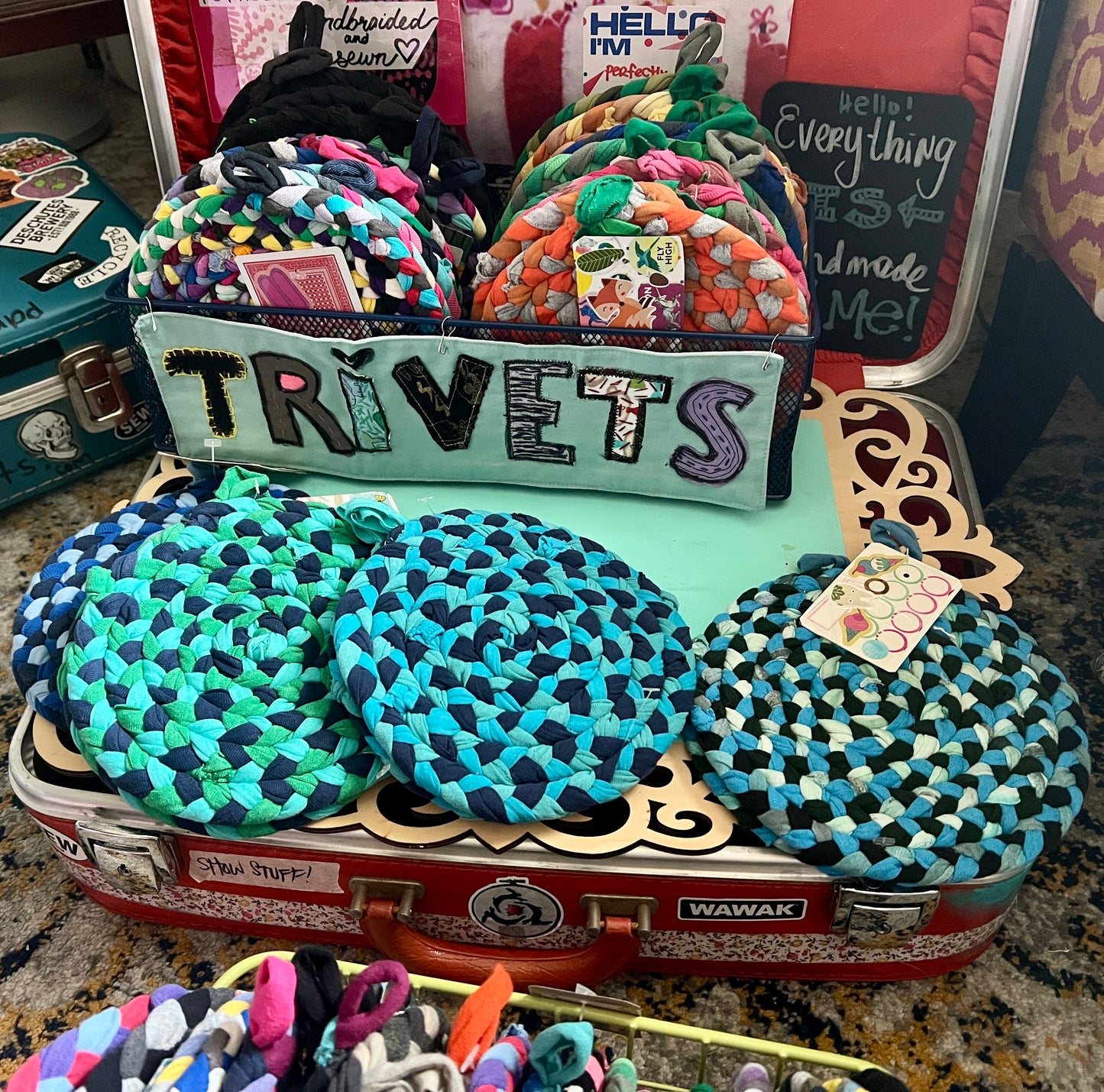 Trivet Potholders - Cool Colors Collection - Handbraided & Handsewn - Set of Two