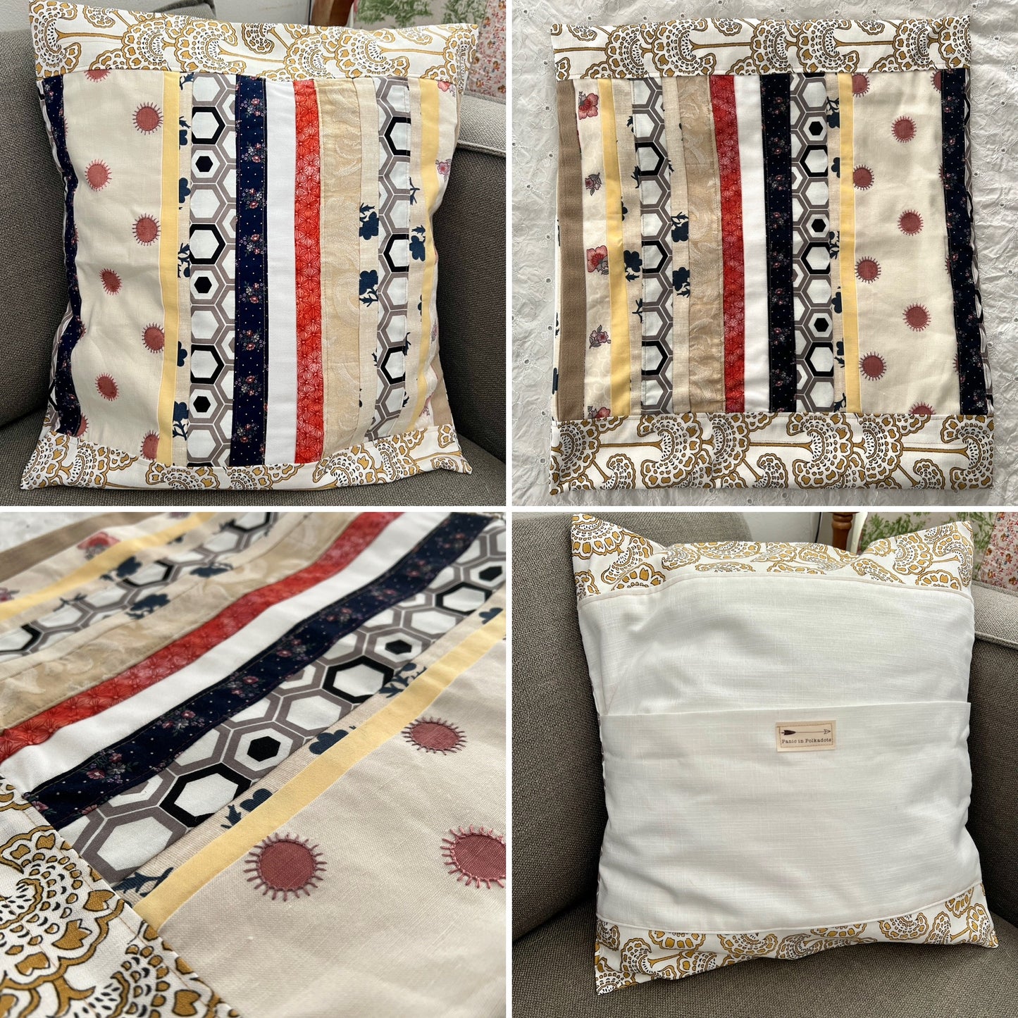 Designer fabrics pillow cover, photo grid shows front back and closeup views