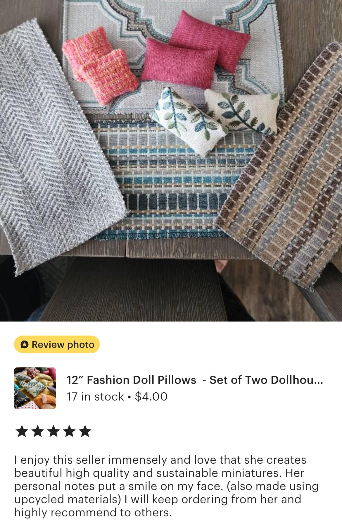 Set of three decorative pillows on a textured surface with a product listing below.