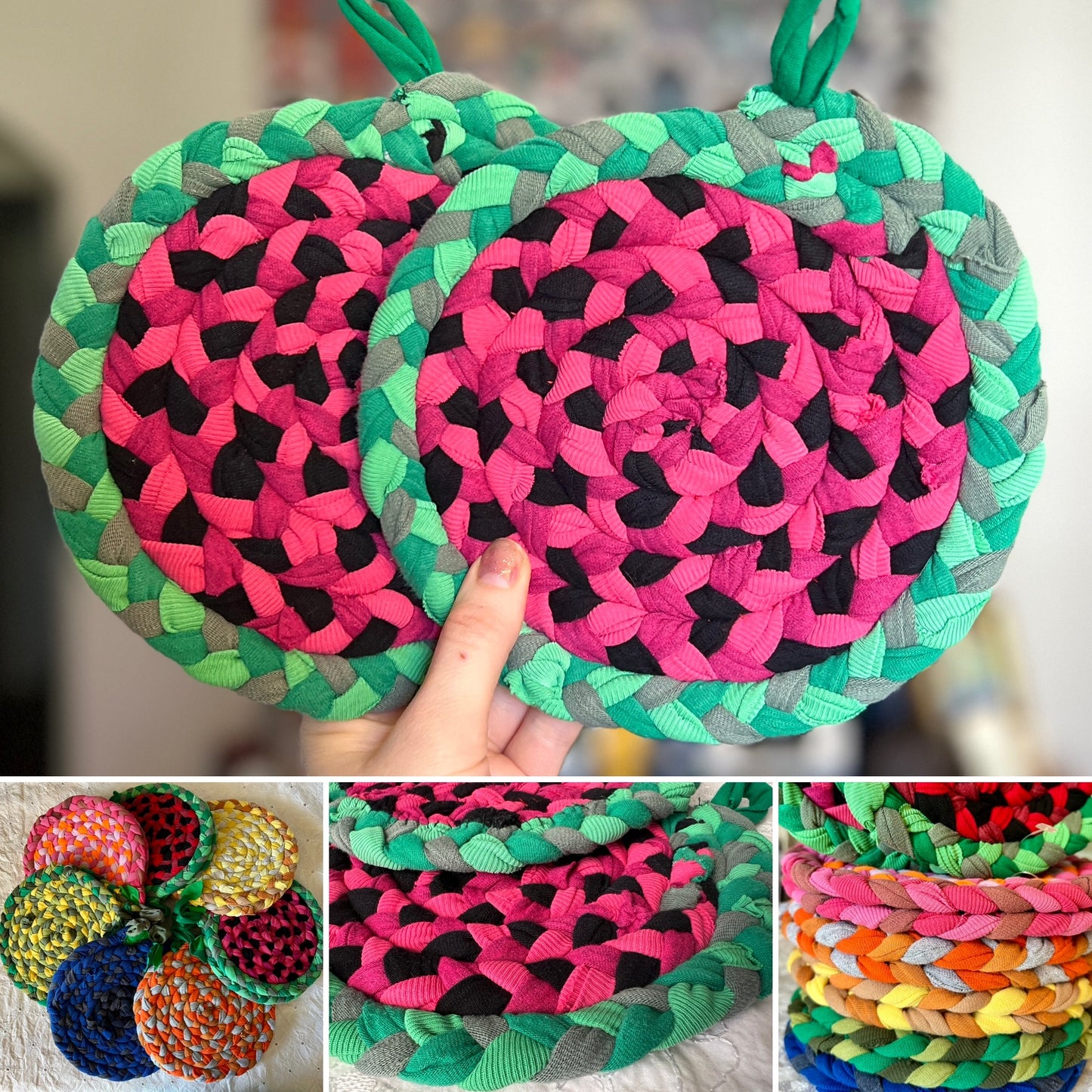 Fruity Rainbow Trivet Potholders - Handbraided & Handsewn - Set of Two