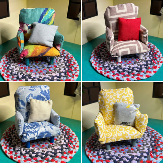 a grid of four photos, each a different miniature chair, on top of a mini rug in a dollhouse
