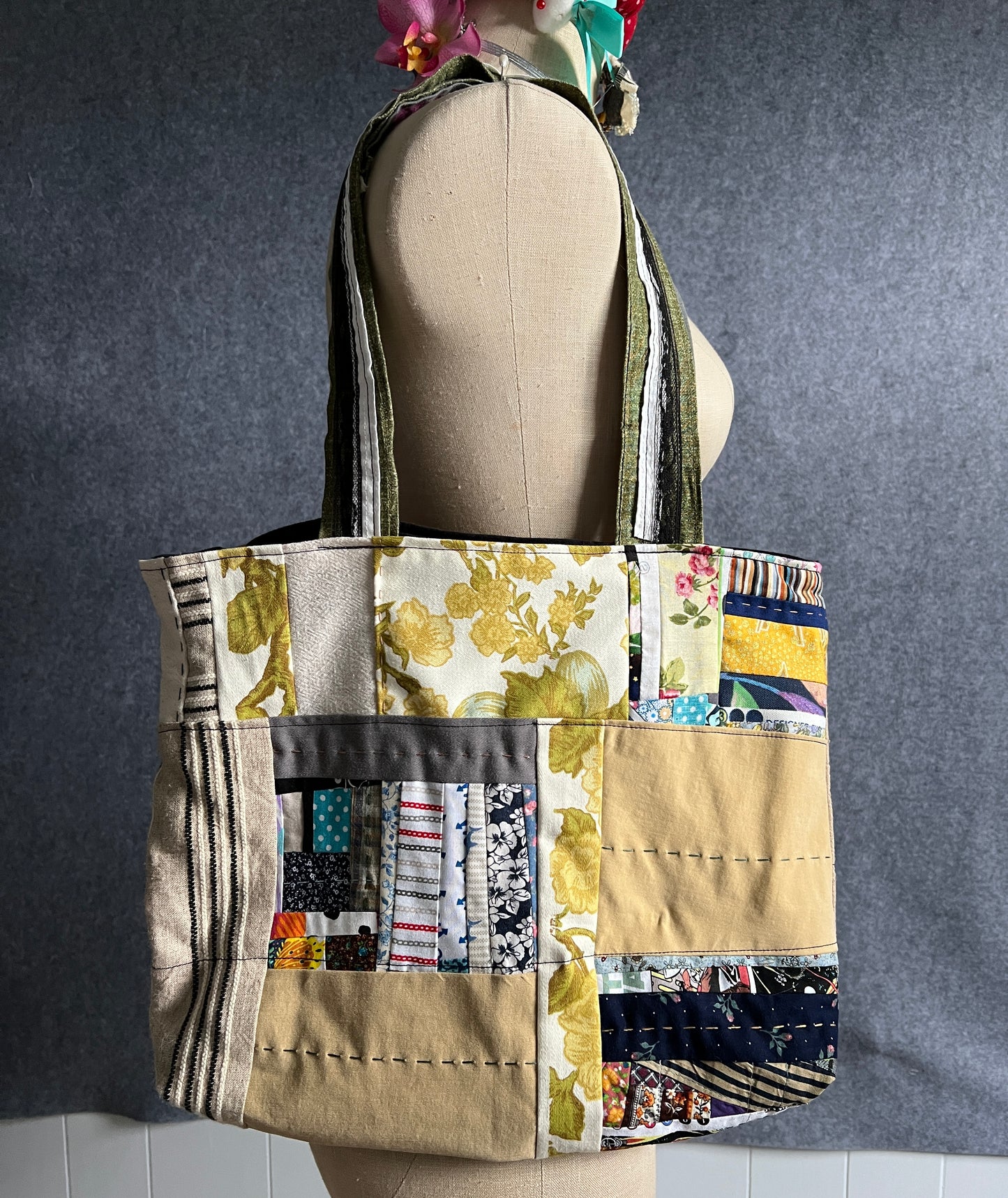 Big Sustainable Tote Bag - Denim and Khaki Scraps - Fully Lined with Pockets!