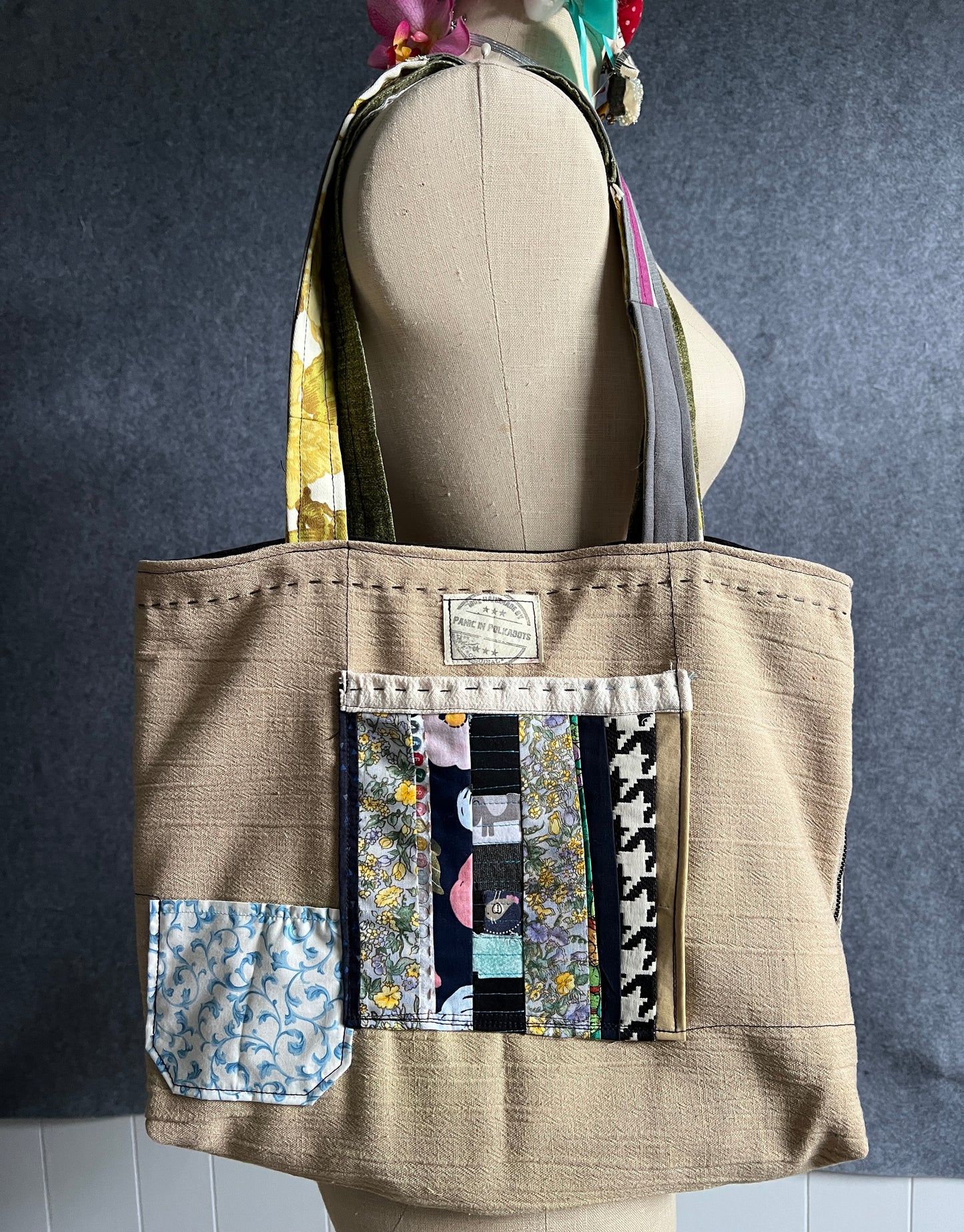 Big Sustainable Tote Bag - Denim and Khaki Scraps - Fully Lined with Pockets!