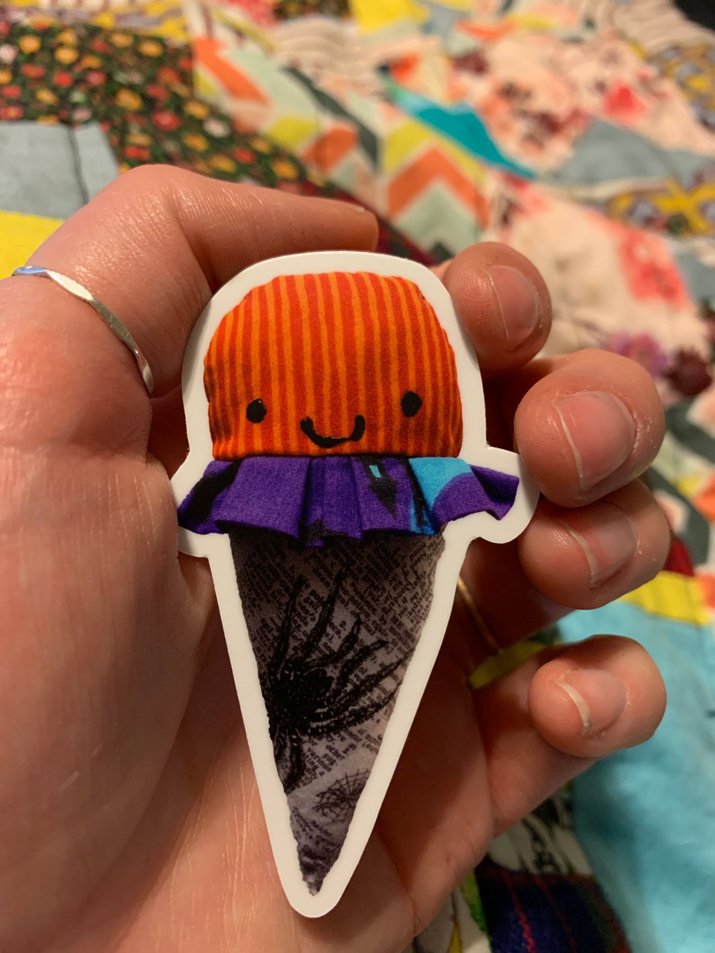 Halloween theme ice cream cone sticker by Panic in Polkadots, hand held for scale