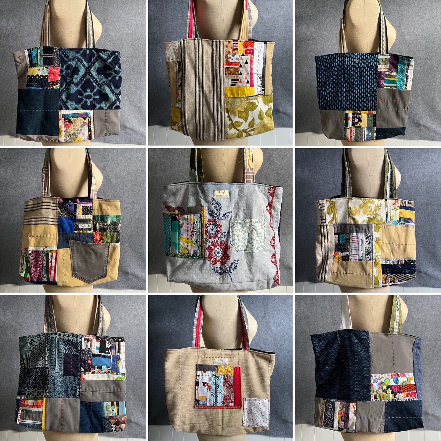 Big Sustainable Tote Bag - Denim and Khaki Scraps - Fully Lined with Pockets!