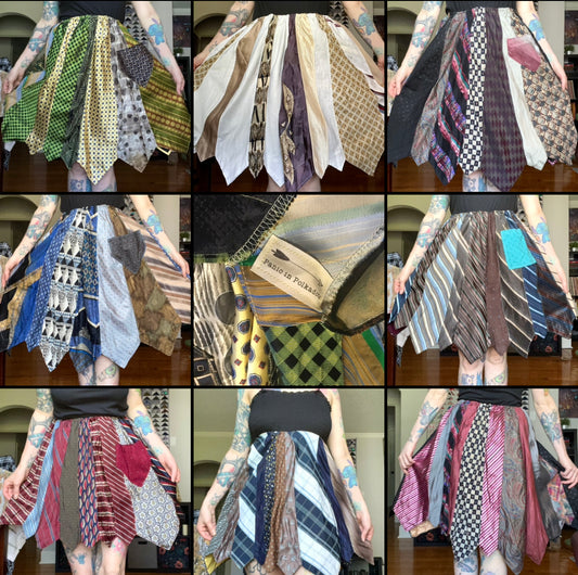 A grid of photos of various necktie skirts, nine in total. in the center square is a closeup of Panic in Polkadots label