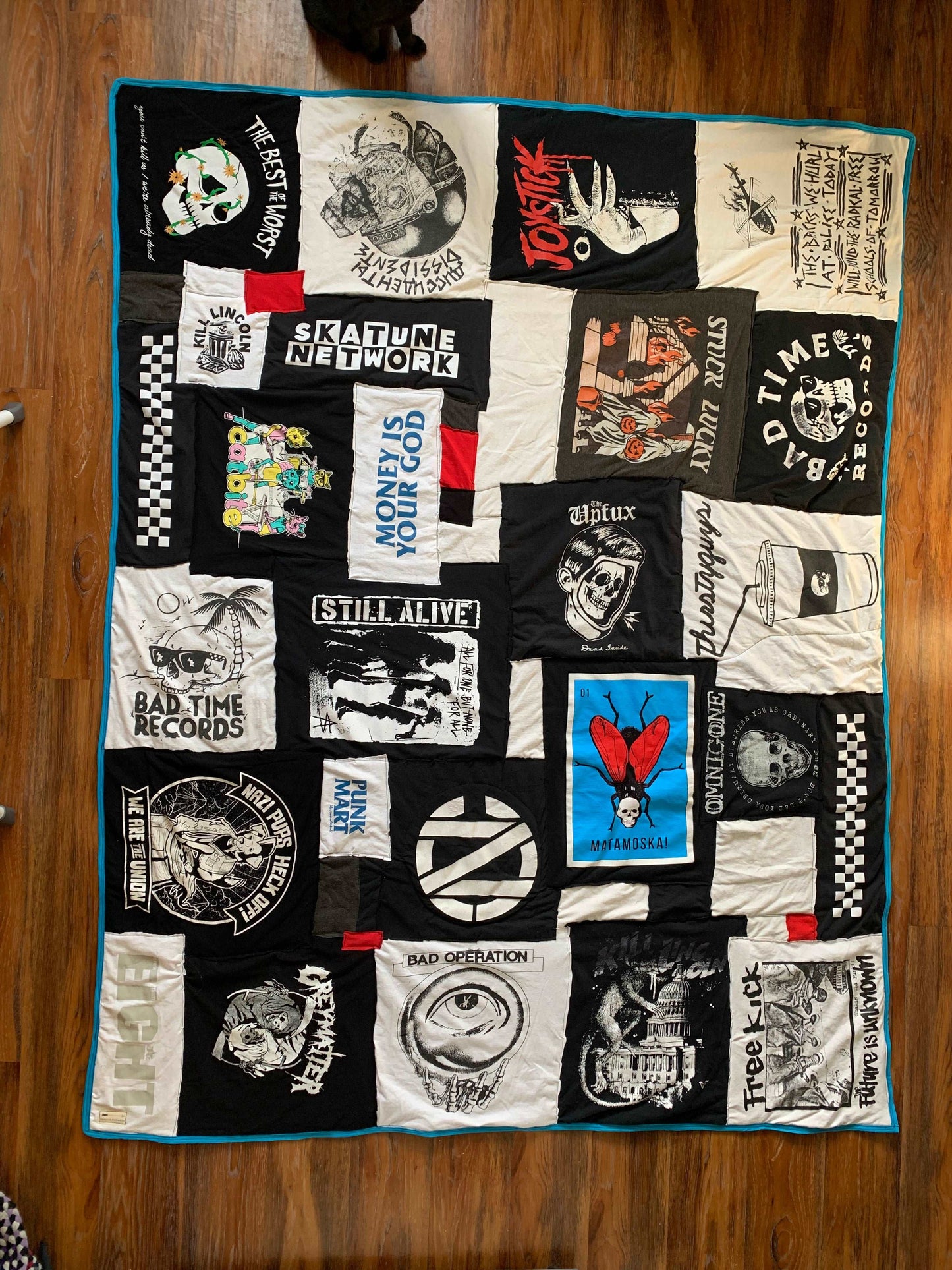 a SKA quilt, with bands from Bad Time Records: freekick, Omnigone, Joystick, Skatune Network, Stuck Lucky, Kill Lincoln, Catbite, Bad Operation, Thirsty Guys, etc 