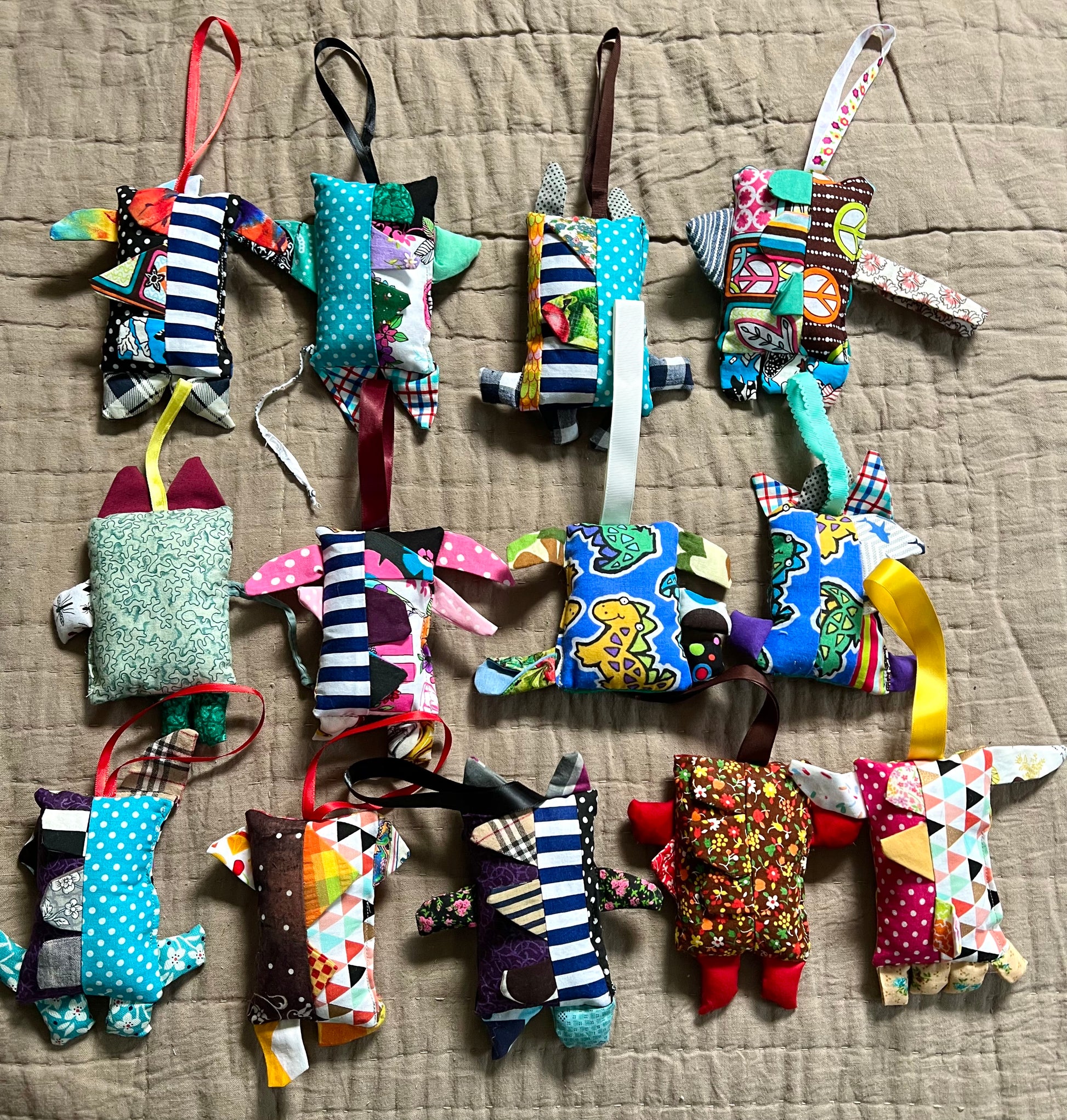 back view of mini monster keychain ornaments, aerial view flat lay.