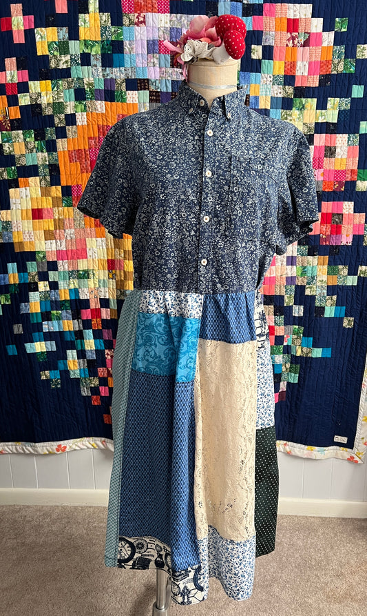 Panic Clothing - Perfectly Imperfect Patchwork Dress -  L/XL Blue Floral Lace with Pockets!