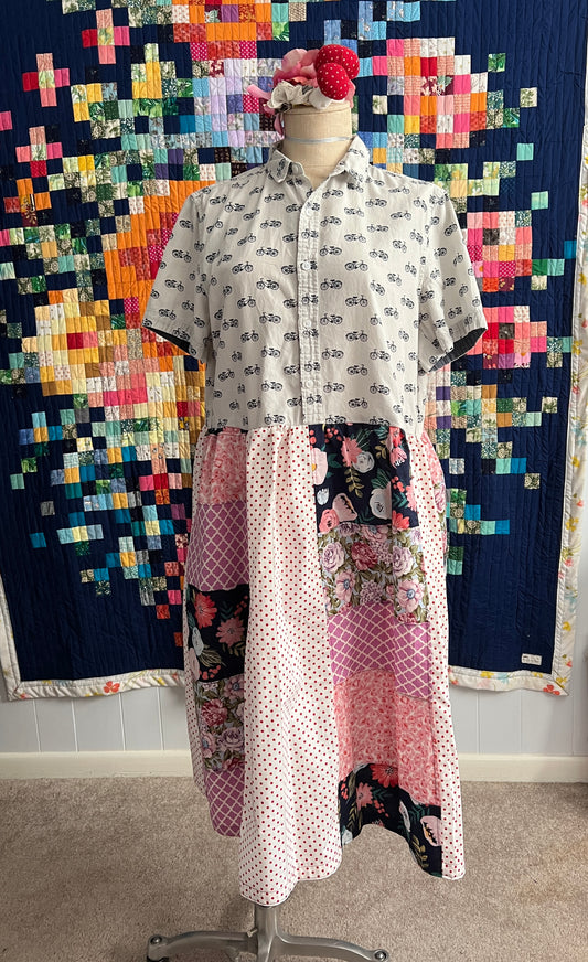 Panic Clothing - Perfectly Imperfect Patchwork Dress - L/XL Bicycles Garden Party with Pockets!