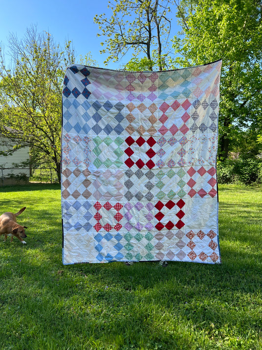 Vintage quilt, fully mended and ready for more love, is held up outside against a green background. a dog dances to the side of the quilt.