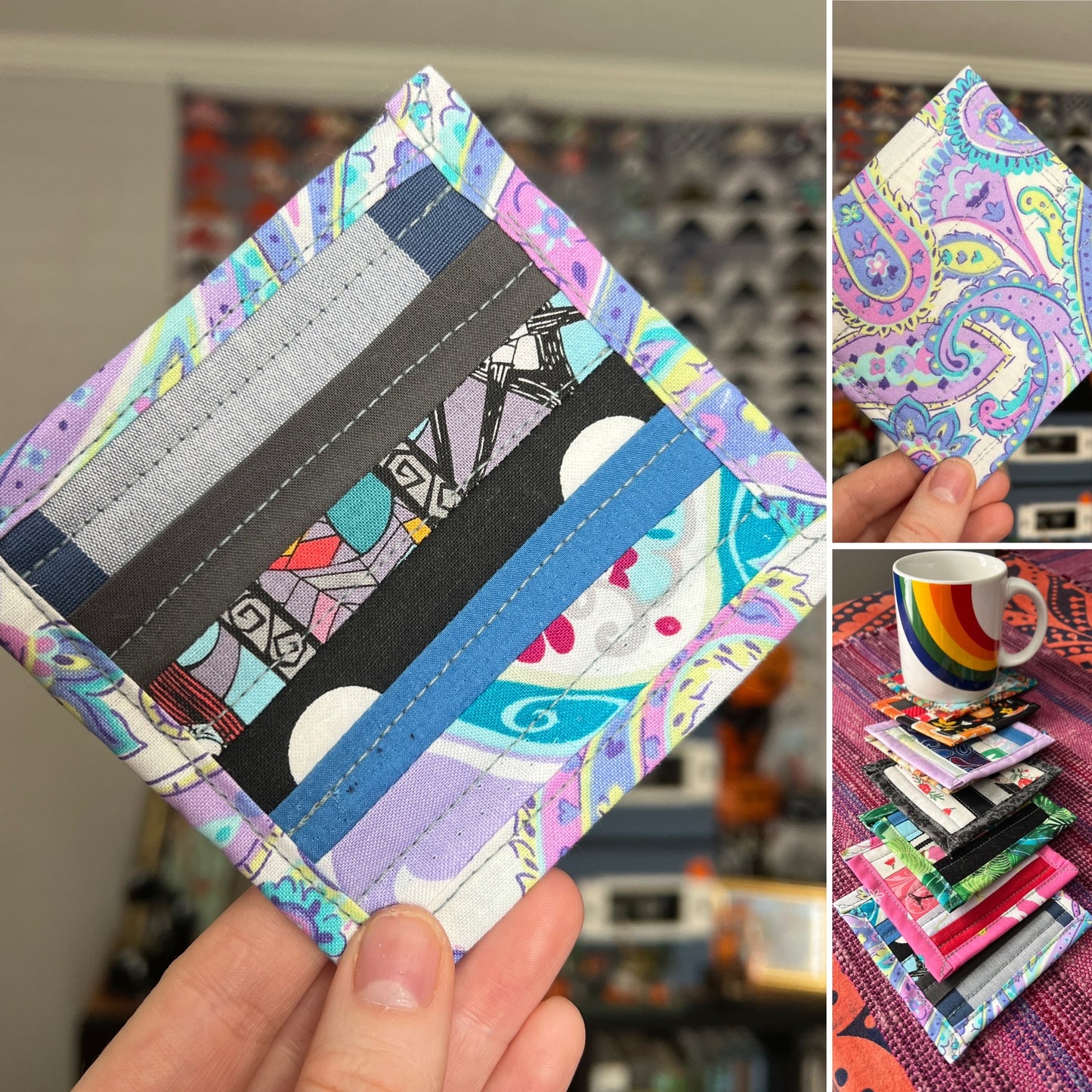 Quilty coaster single Photo grid, held for scale showing front and back, and group under mug,