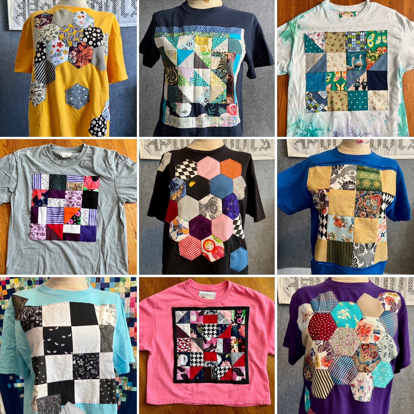 Tshirts with quilty designs, in a photo grid showing all designs