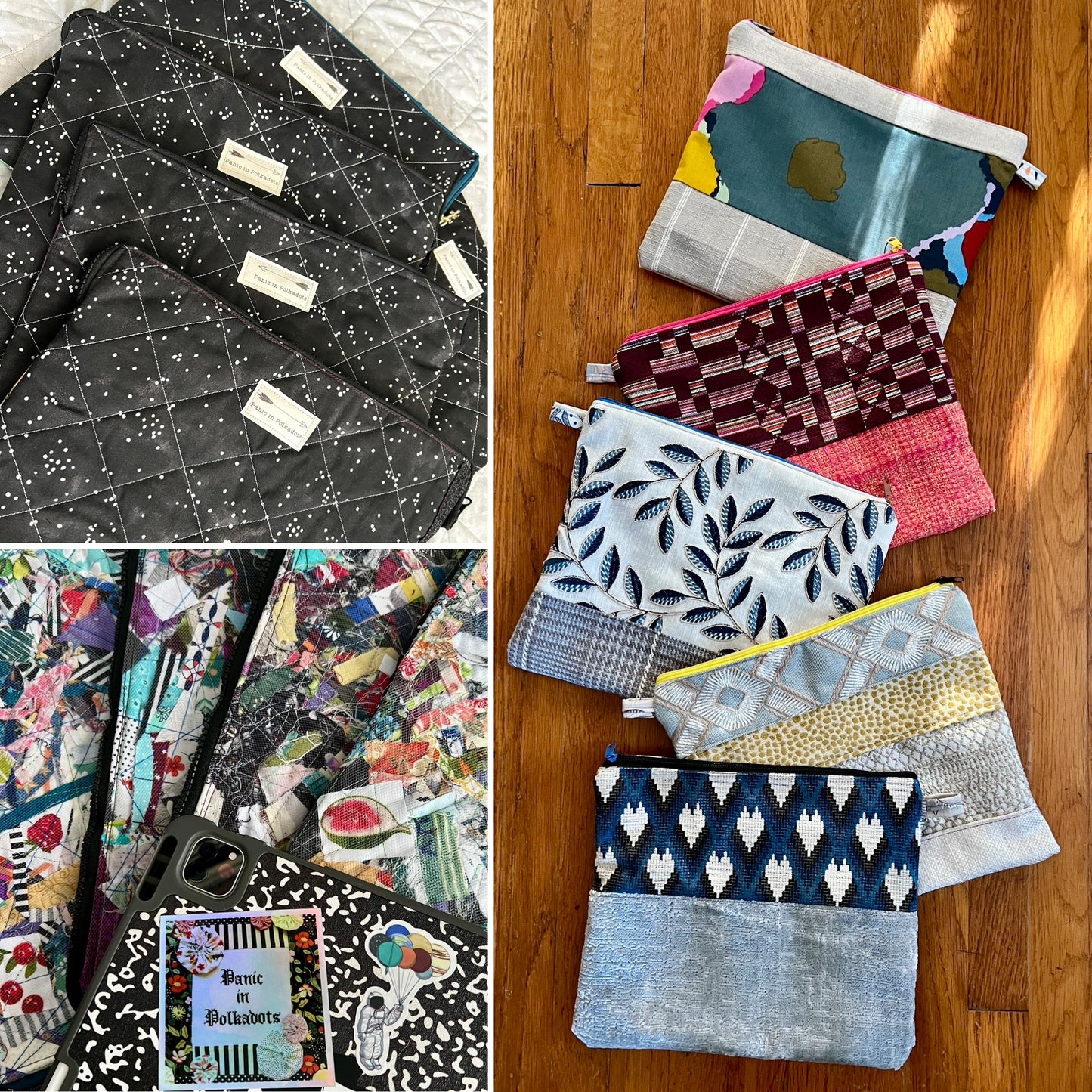 Tablet ipad case scraps under mesh and designer offcuts, in a photo grid showing assortments.