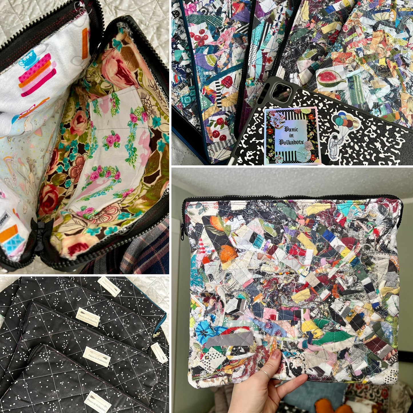 Tablet ipad case scraps under mesh, in a photo grid showing front, backs and inside.