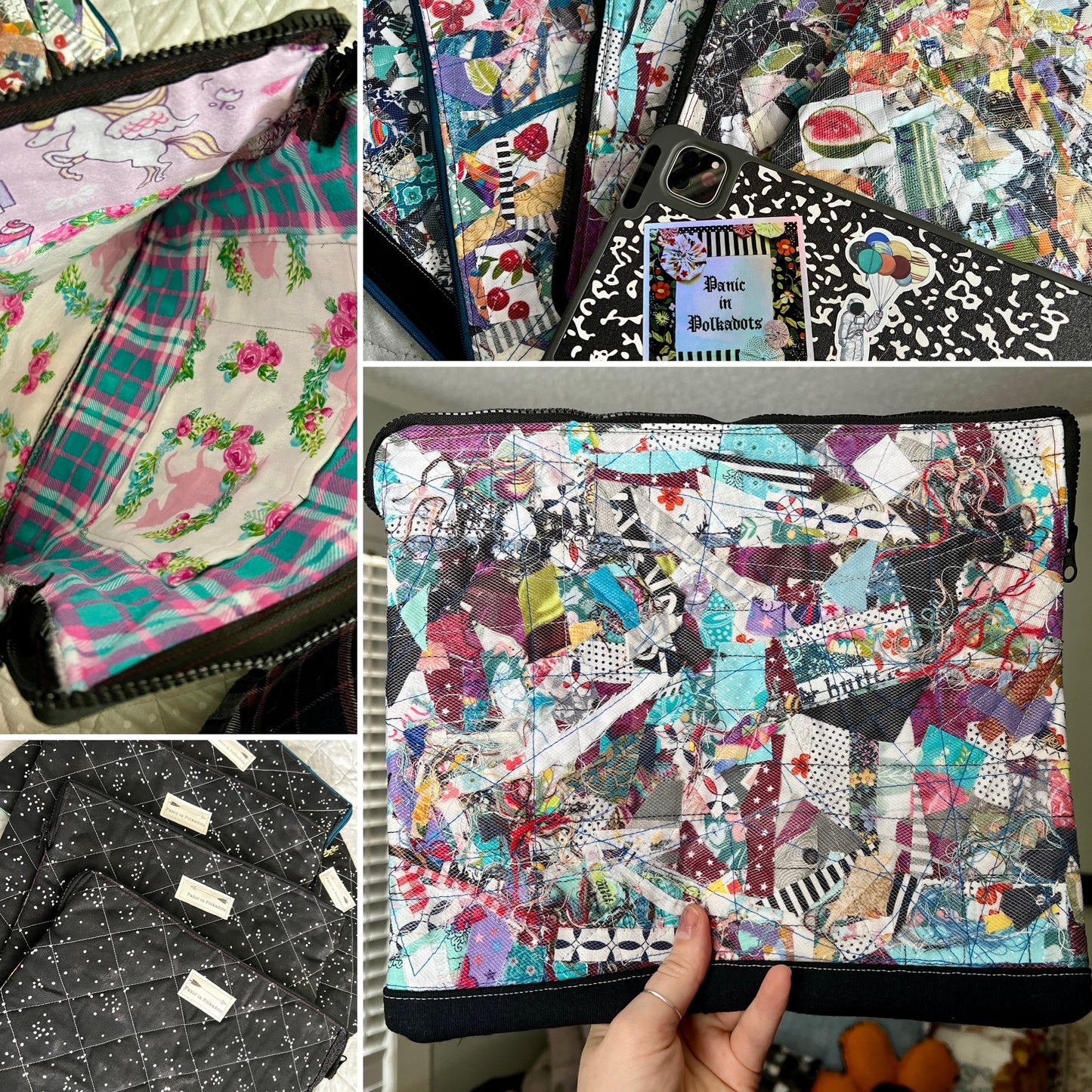 Tablet ipad case scraps under mesh, in a photo grid showing front, backs and inside.