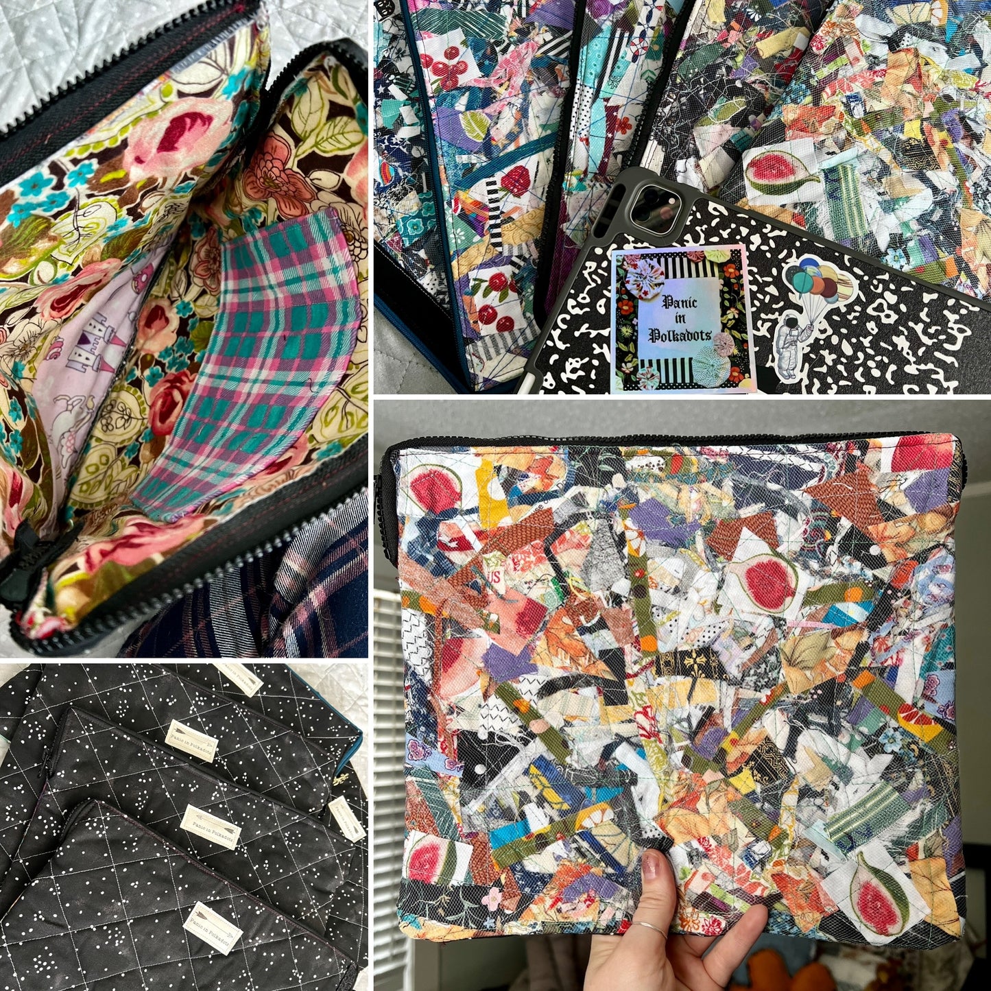 Tablet ipad case scraps under mesh, in a photo grid showing front, backs and inside.
