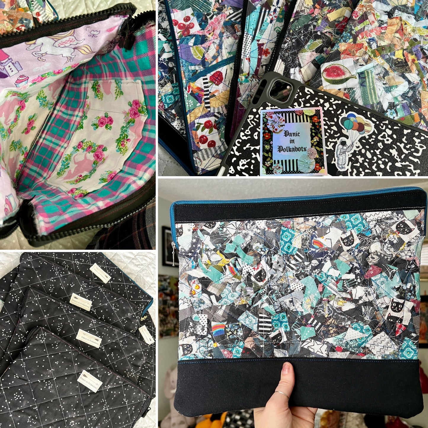 Tablet ipad case scraps under mesh, in a photo grid showing front, backs and inside.