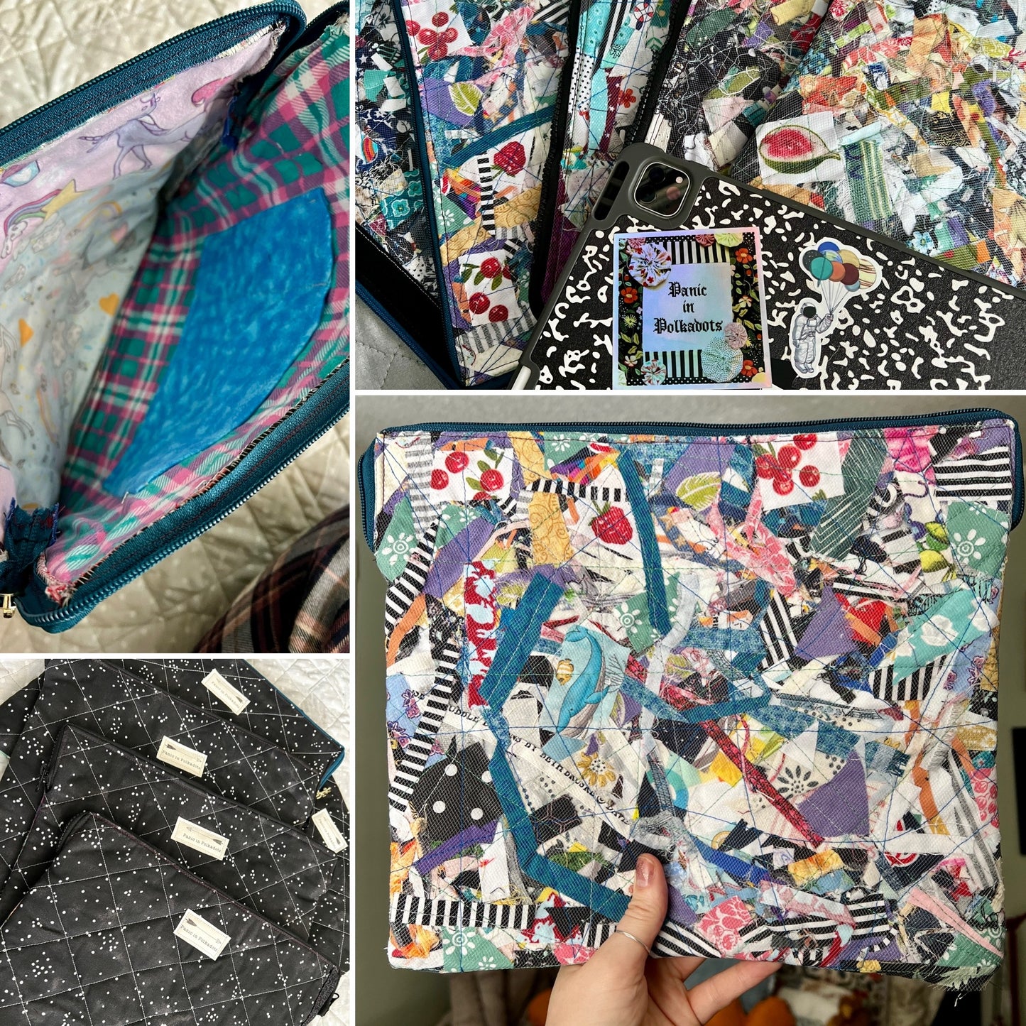 Tablet ipad case scraps under mesh, in a photo grid showing front, backs and inside.