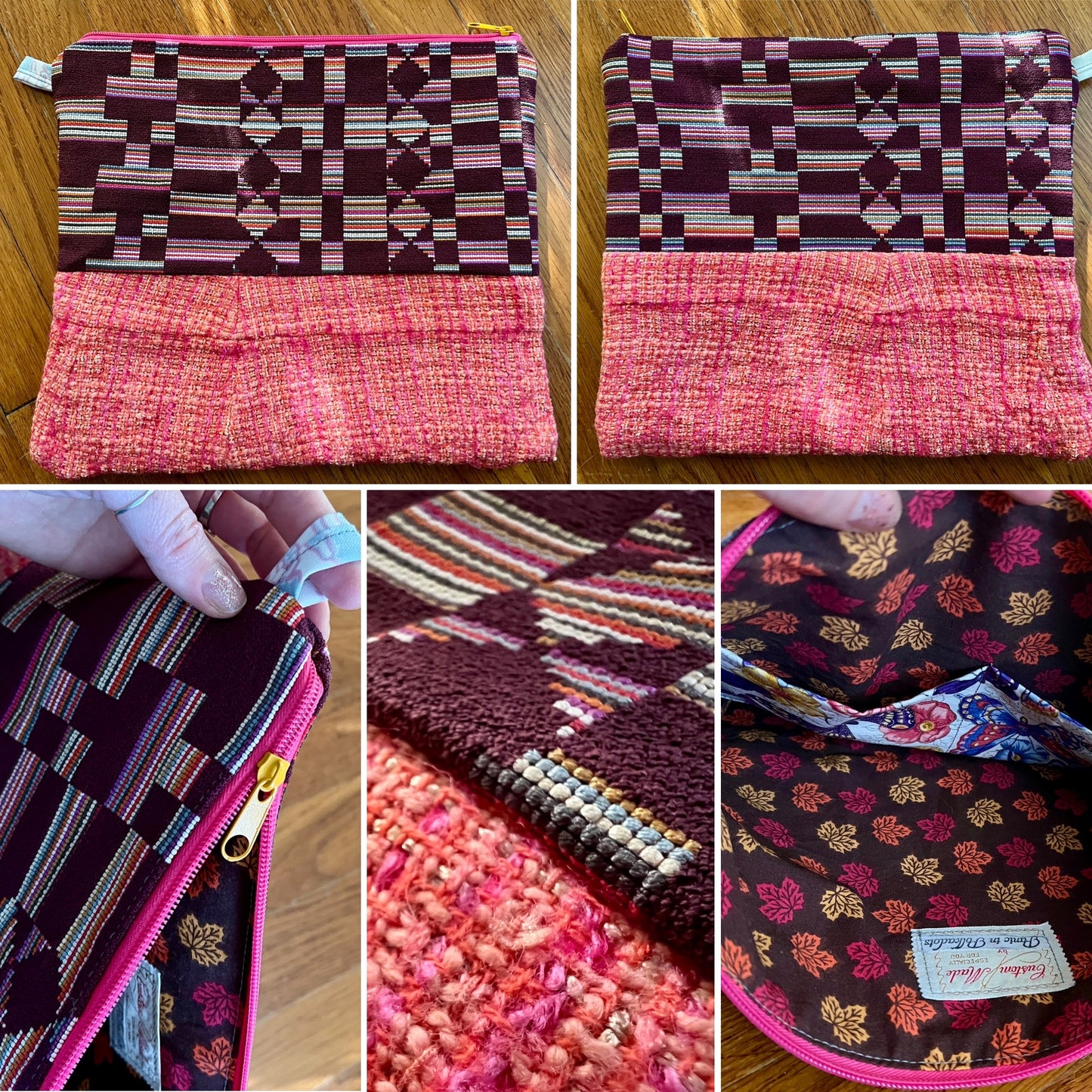 Tablet zipper pouch designer offcuts, photo grid showing front, back, inside, and assortment