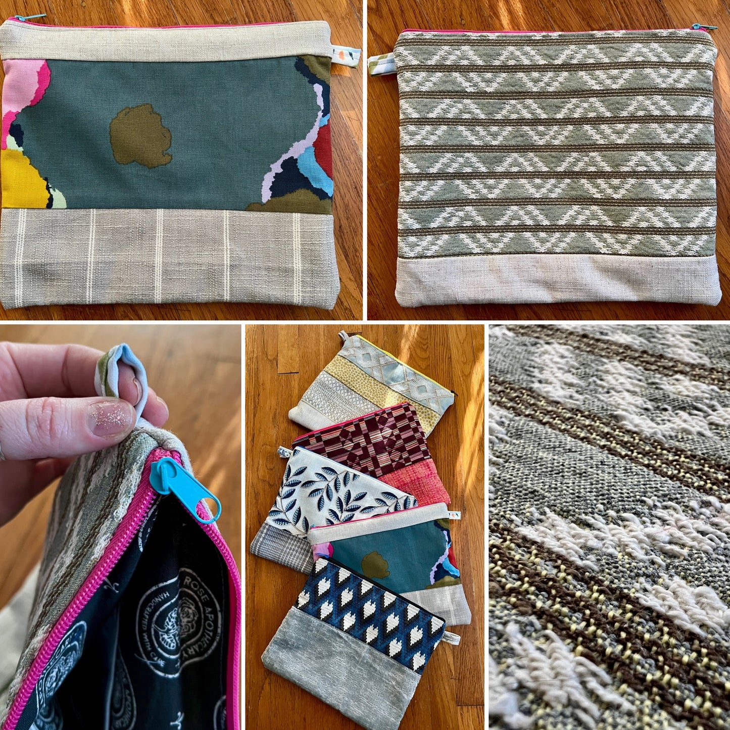 Tablet zipper pouch designer offcuts, photo grid showing front, back, inside, and assortment