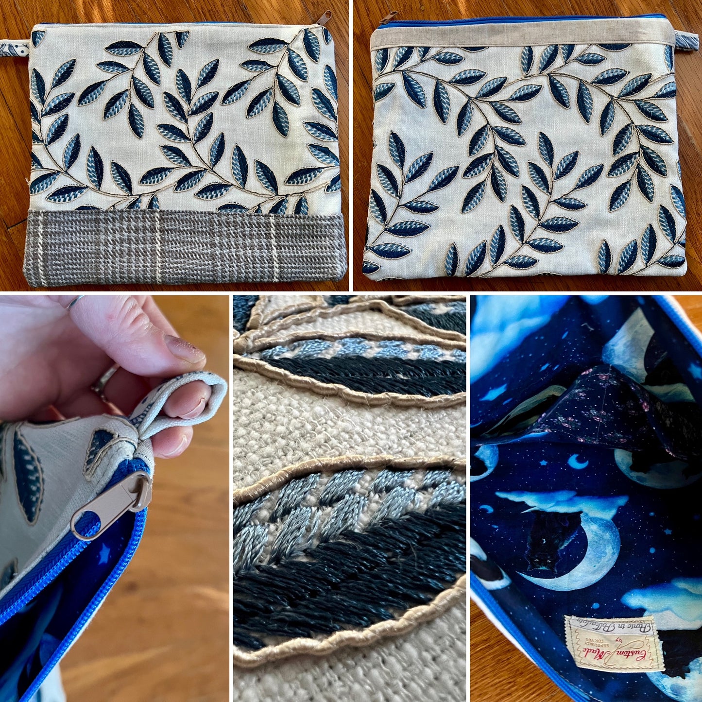 Tablet zipper pouch designer offcuts, photo grid showing front, back, inside, and assortment