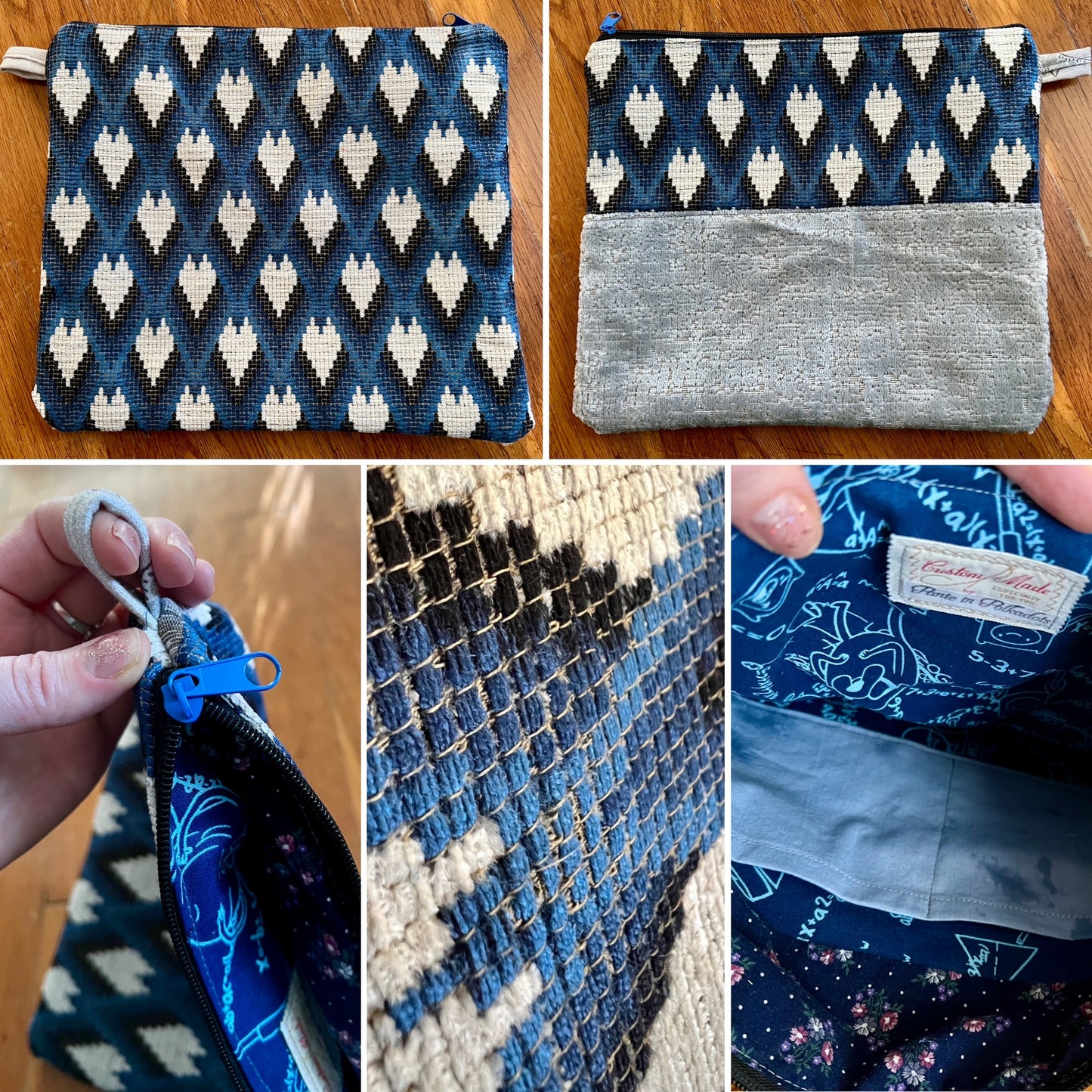Tablet zipper pouch designer offcuts, photo grid showing front, back, inside, and assortment