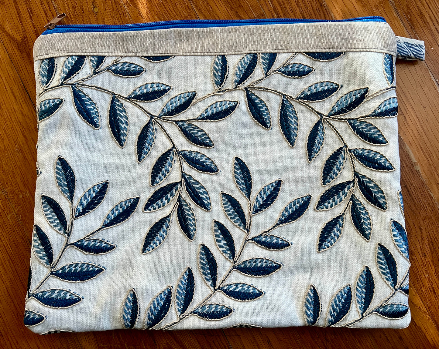Tablet zipper pouch designer offcuts, fancy blue leaves