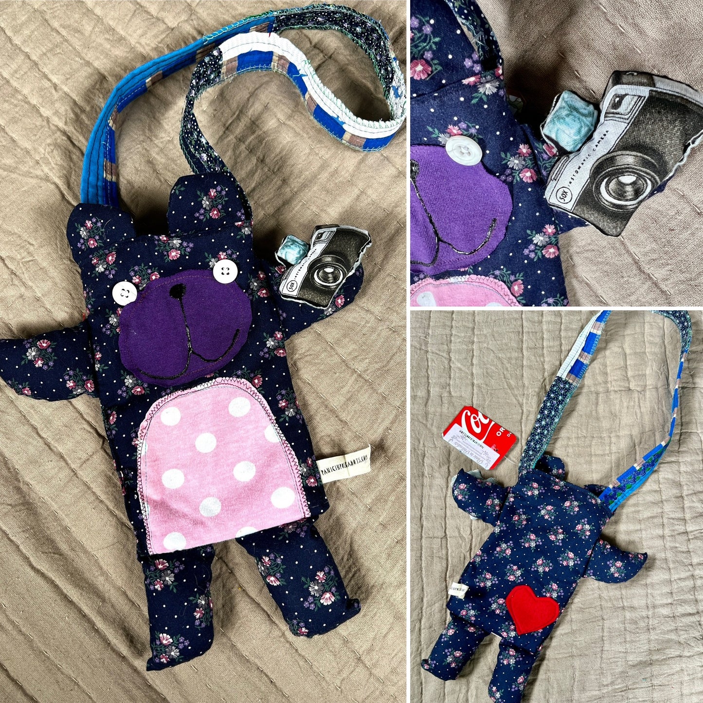 Tote bag bear friend photo grid, showing front, back, closeup