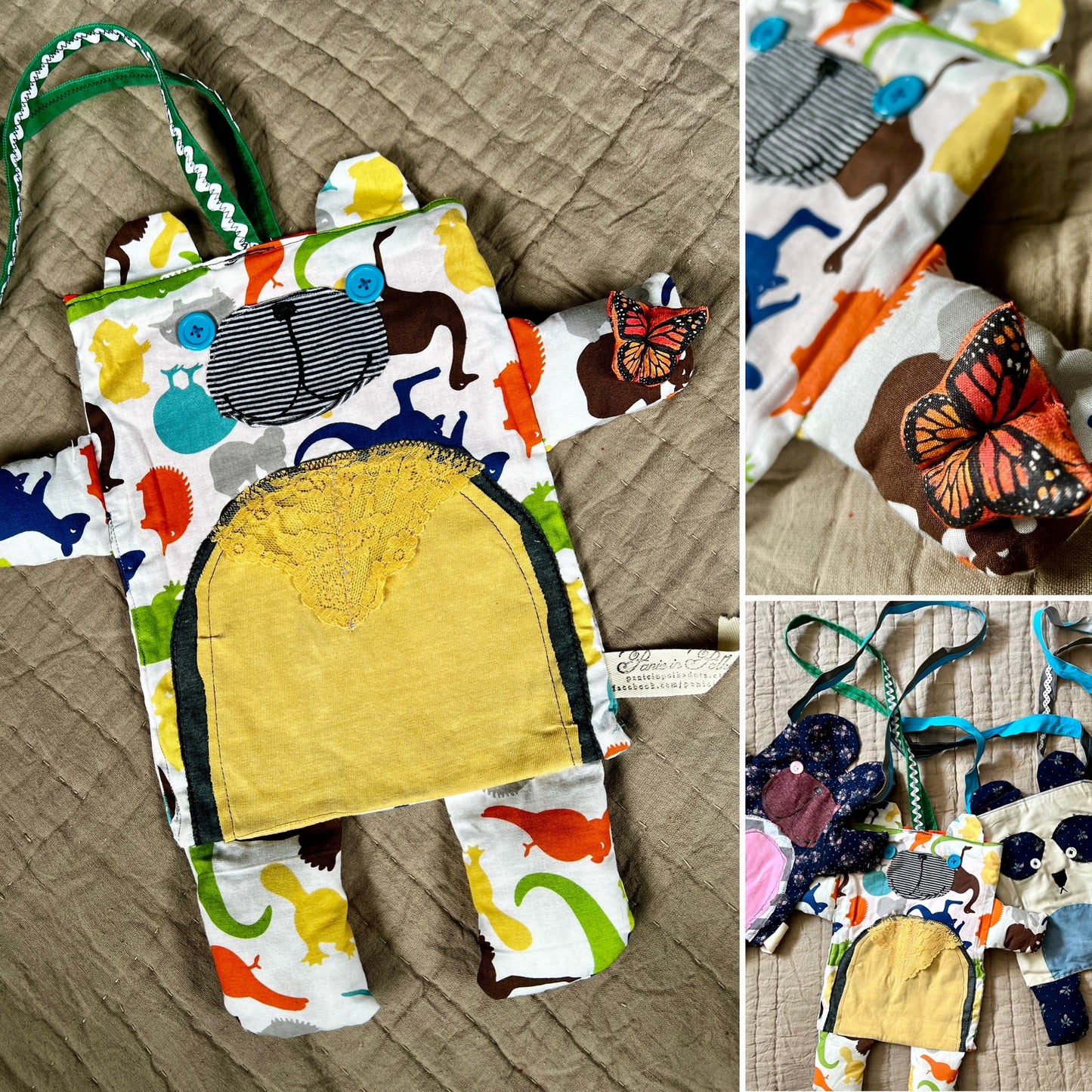 Tote bag bear friend photo grid, showing front, back, closeup