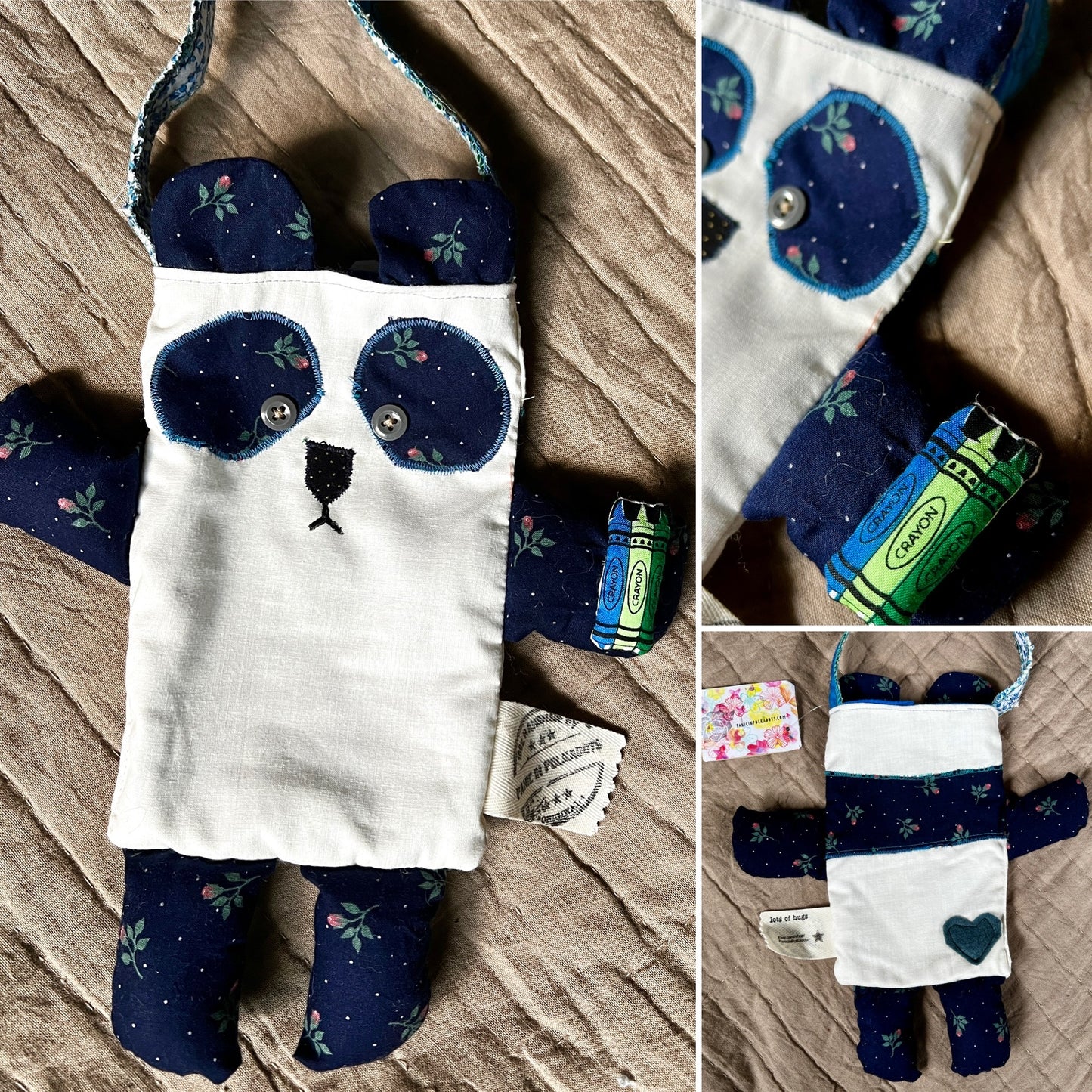 Tote bag panda bear friend photo grid, showing front, back, closeup