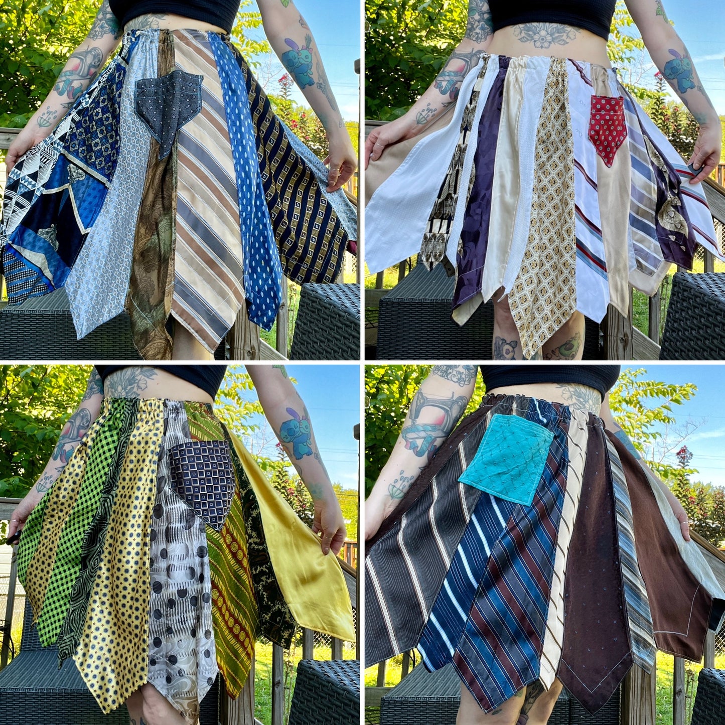 four different skirts made out of neckties, as modeled by a tattooed lady