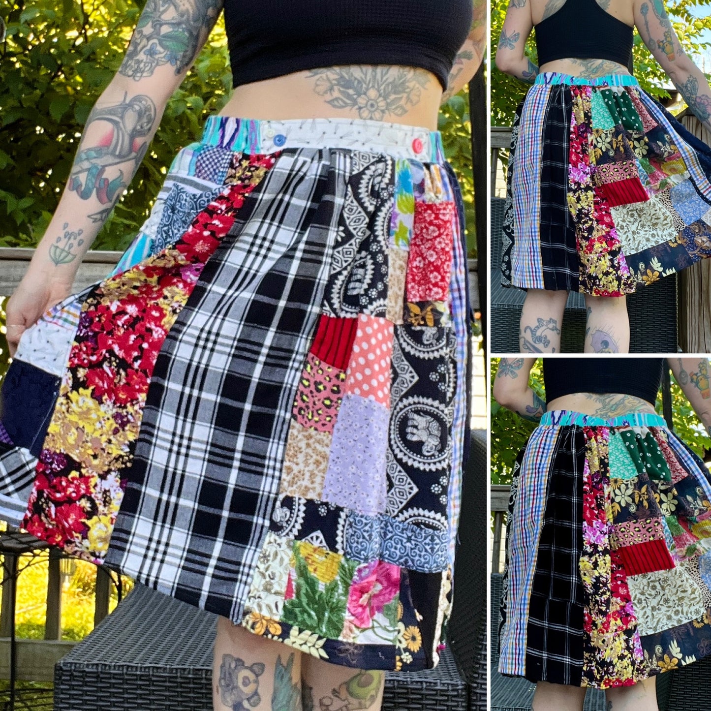 colorful patchwork skirt, three views on a tattooed model