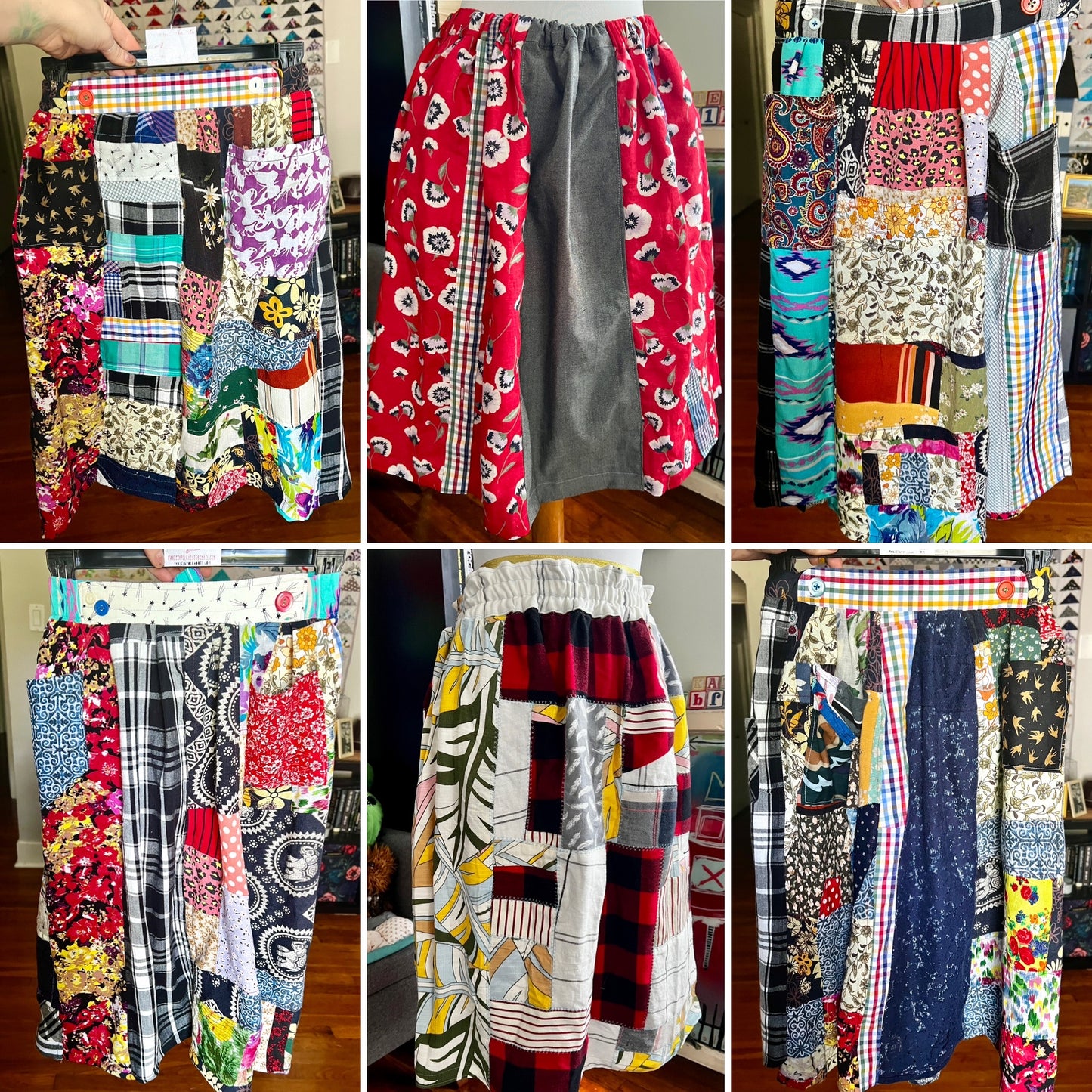 various patchwork skirts, all handmade and unique, either on mannequins or on a hanger