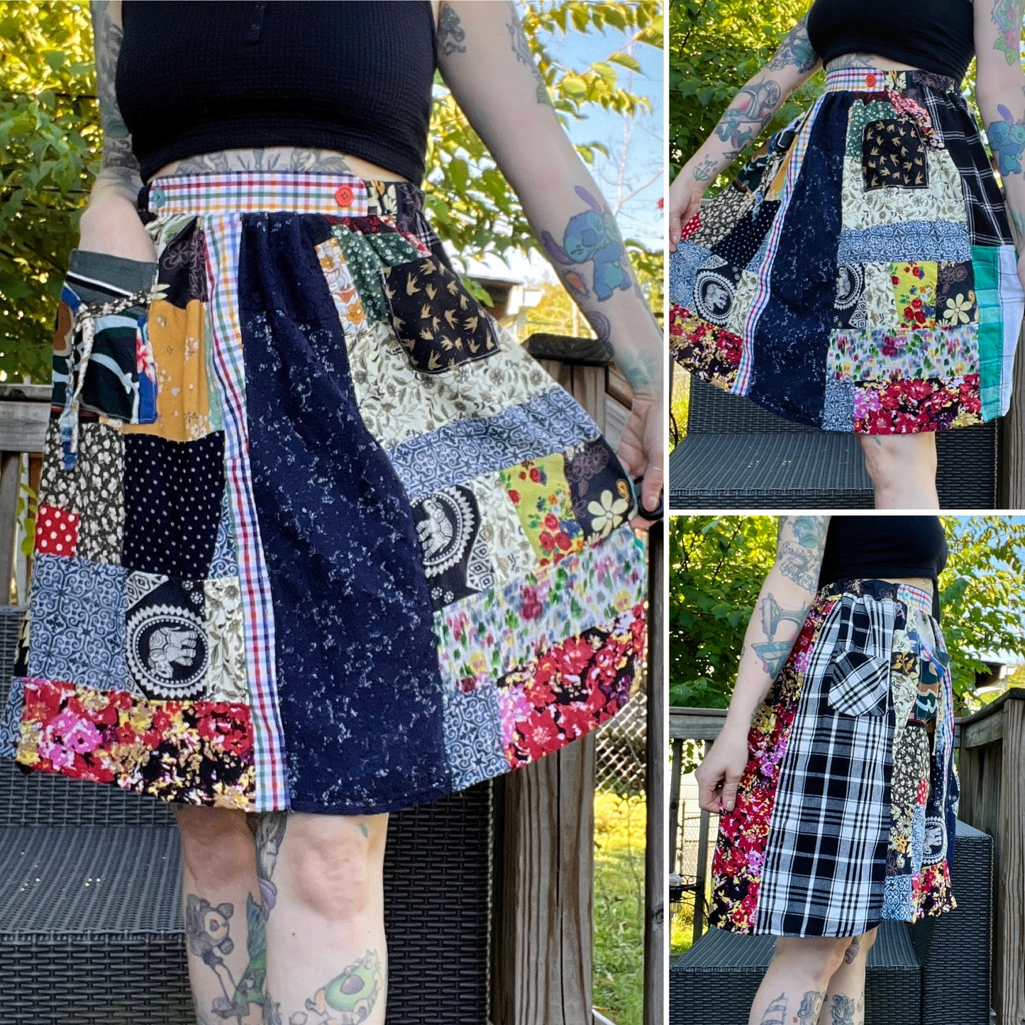 colorful patchwork skirt, three views on a tattooed model