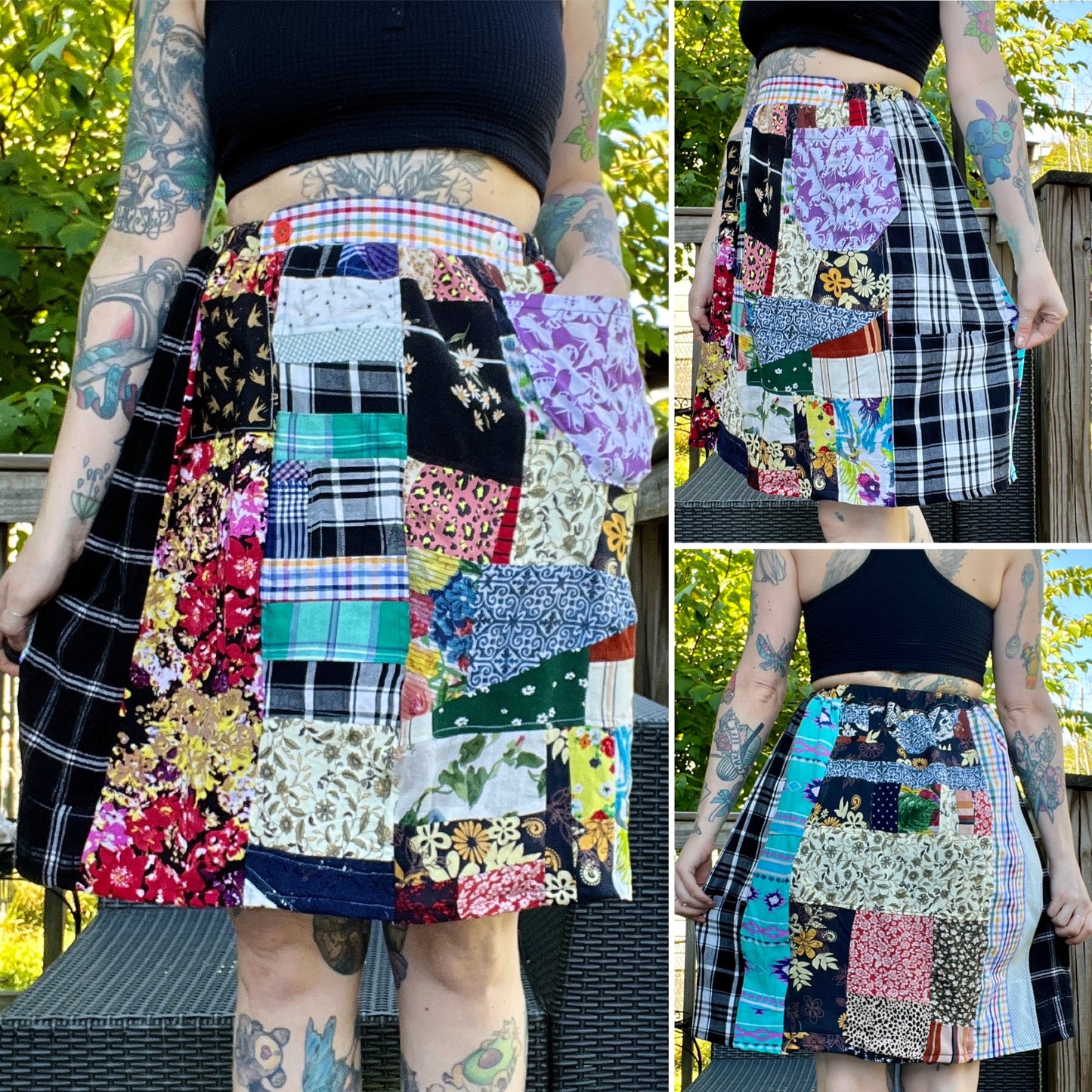 colorful patchwork skirt, three views on a tattooed model