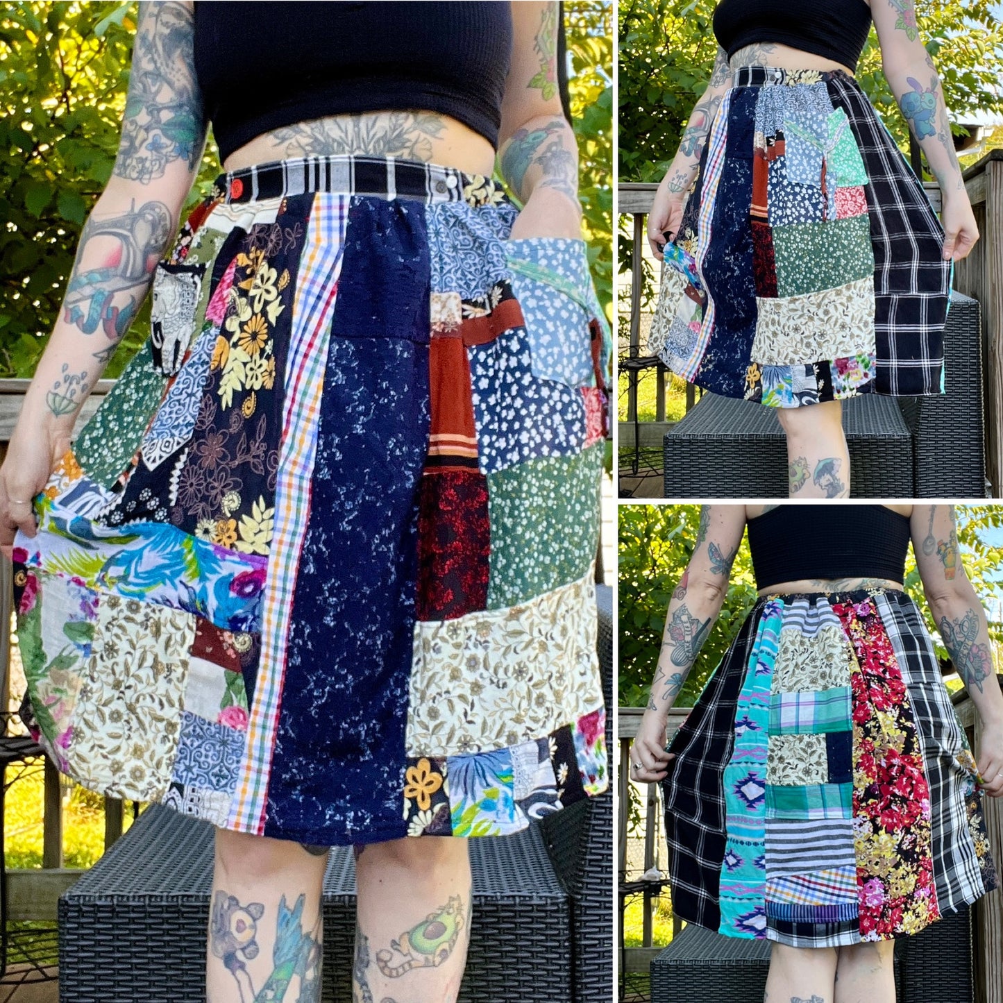 colorful patchwork skirt, three views on a tattooed model