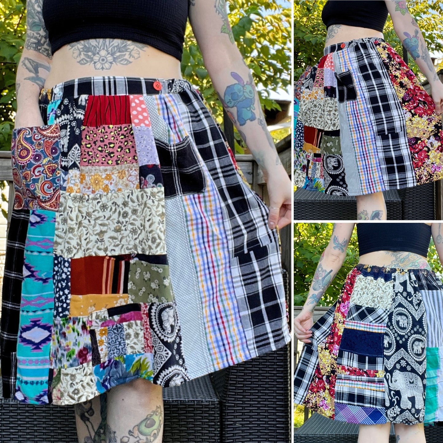 colorful patchwork skirt, three views on a tattooed model