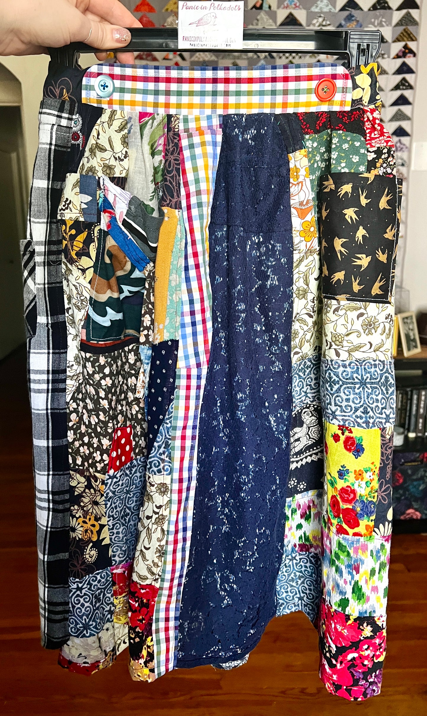 patchwork skirt on a hanger