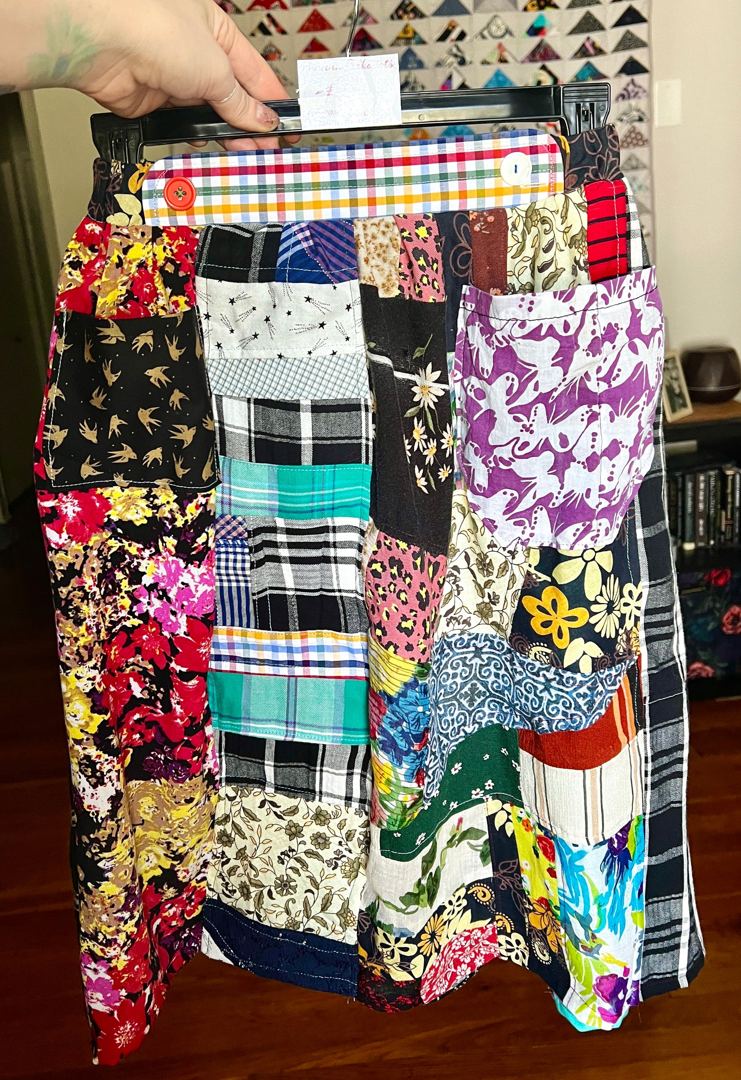 patchwork skirt on a hanger