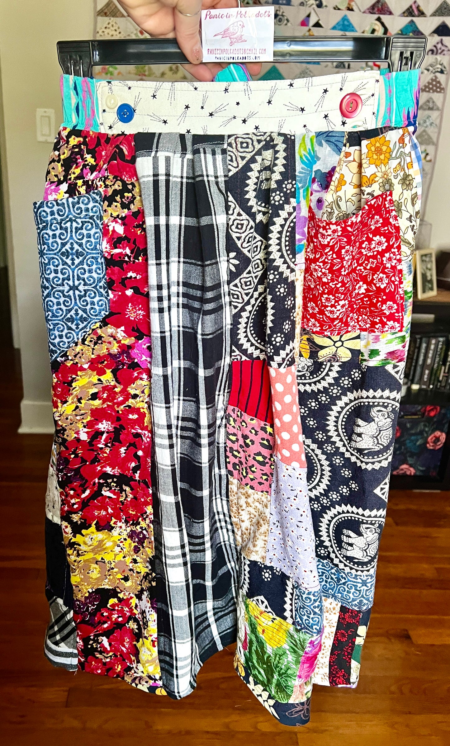 patchwork skirt on a hanger