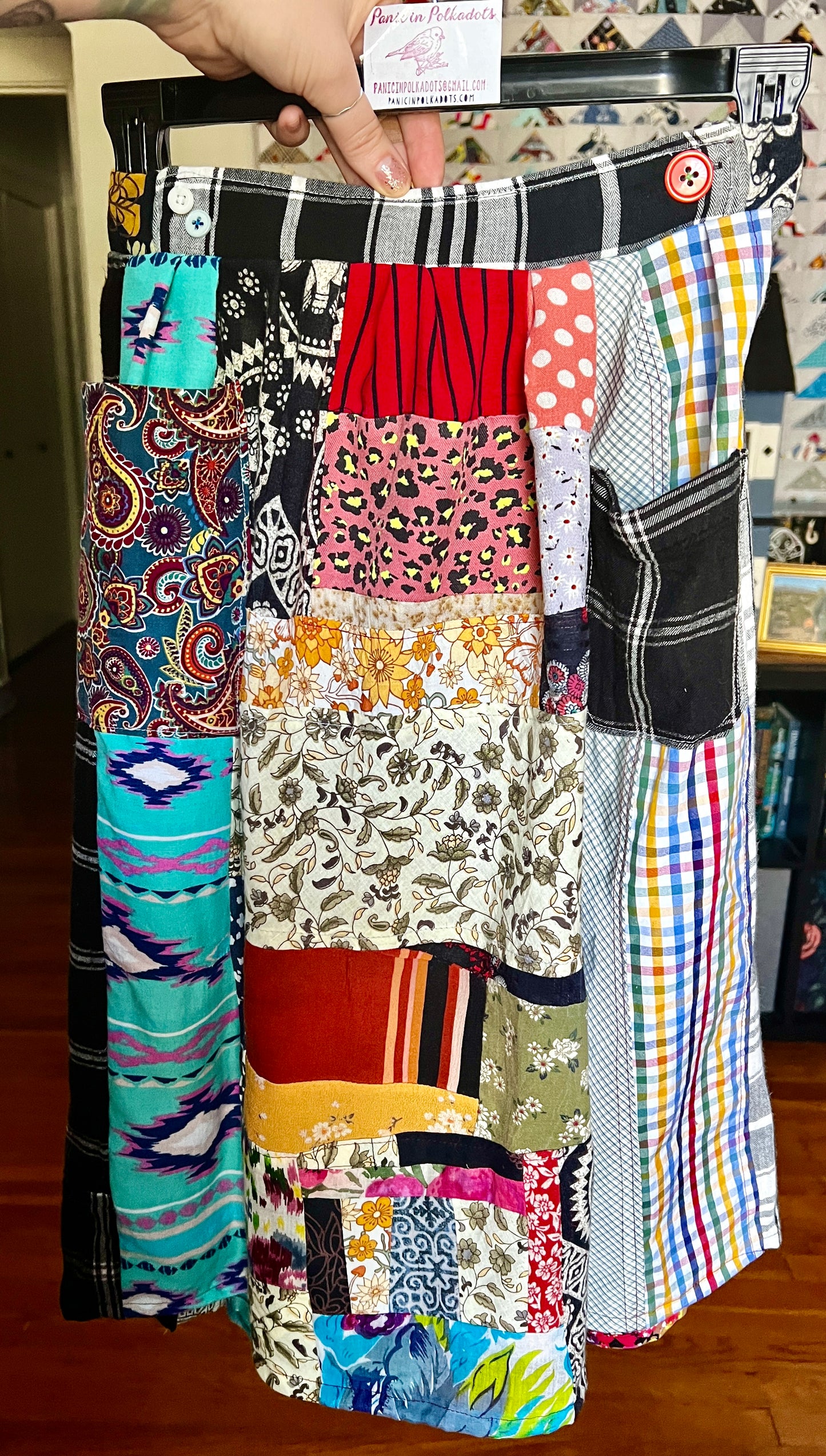 patchwork skirt on a hanger